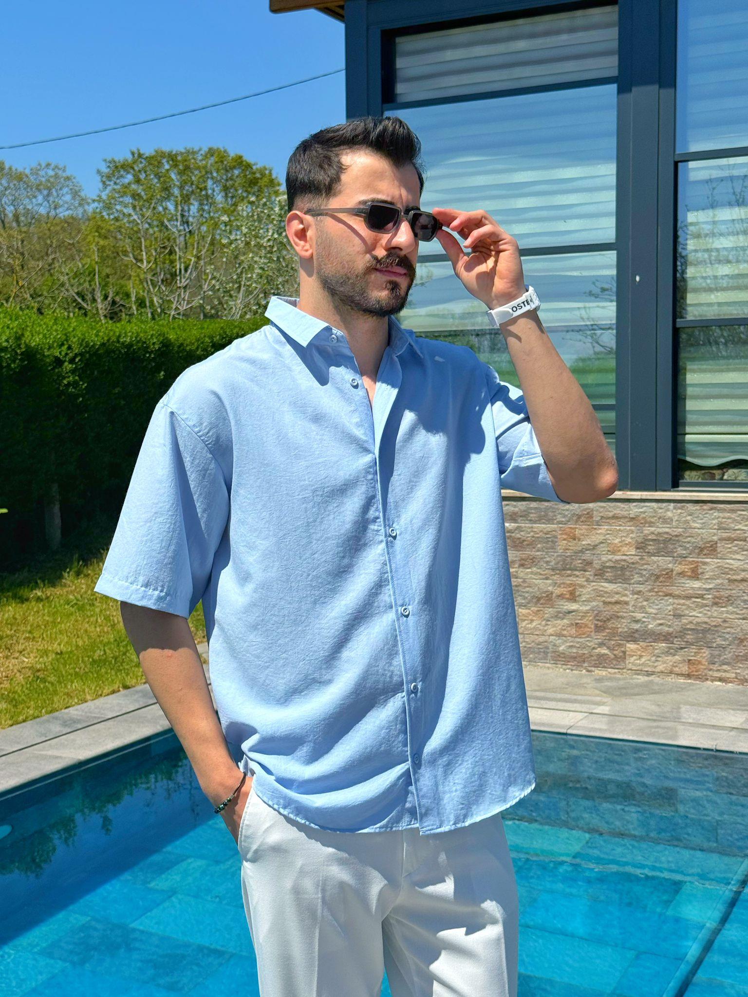 Mavi Flam Kumaş Yazlık Oversize Kısa Kol Gömlek