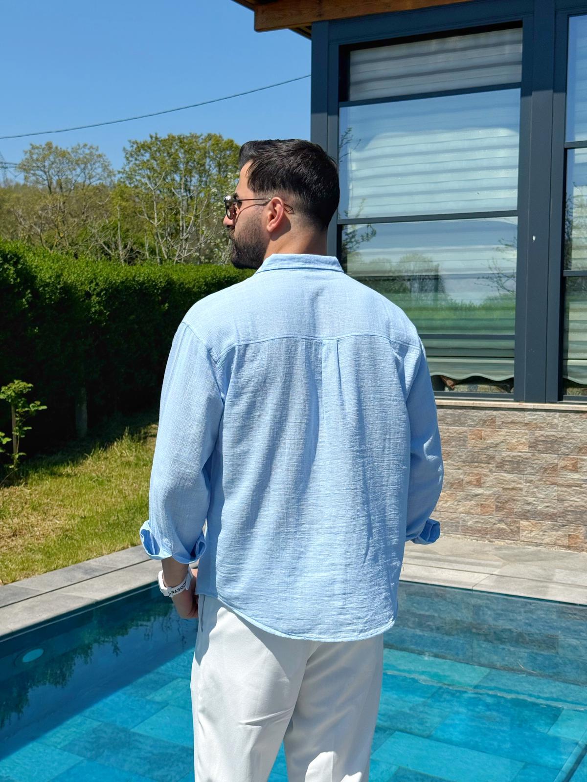 Mavi Ham Keten Yazlık Yarım Oversize Gömlek
