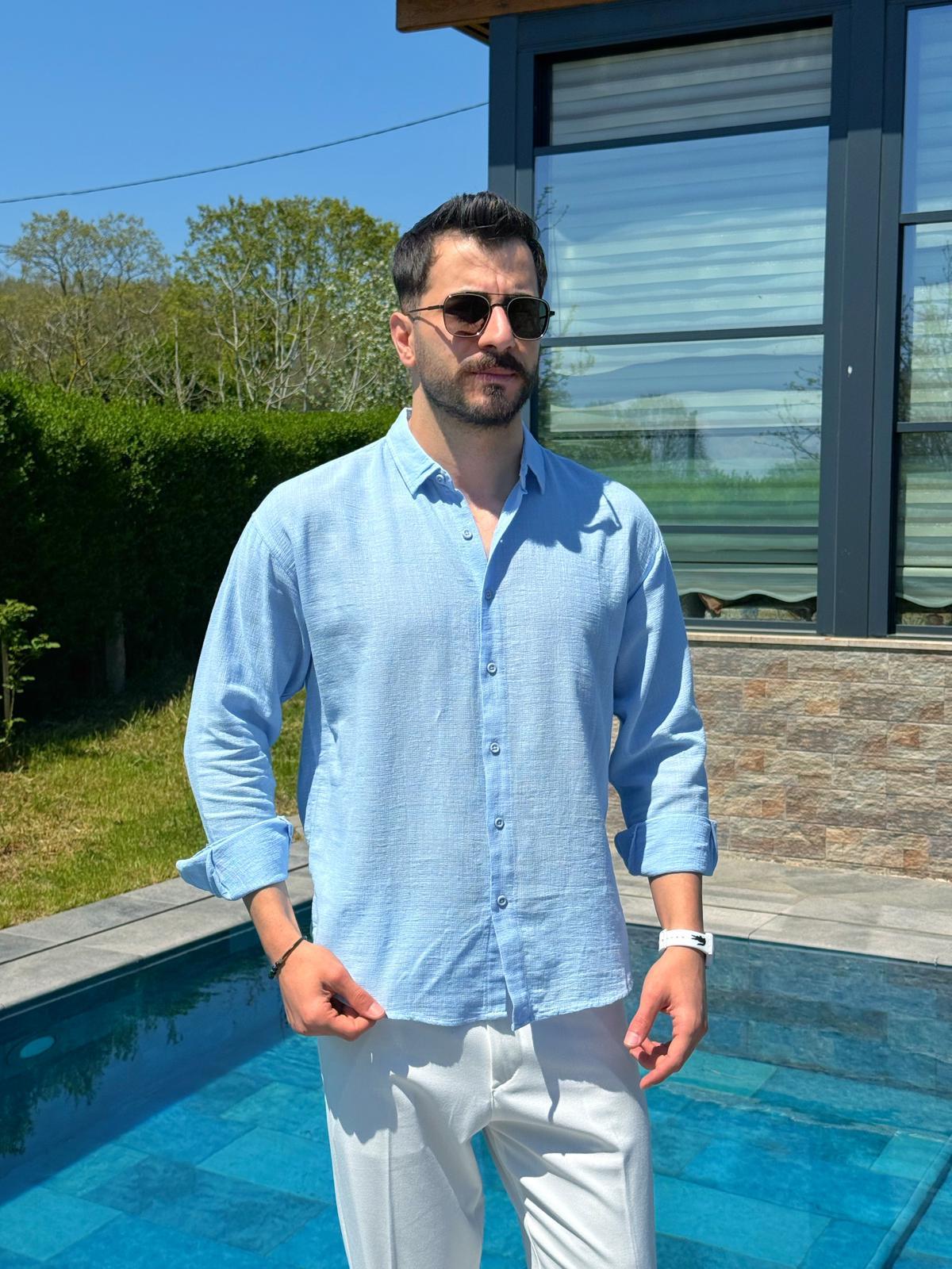 Mavi Ham Keten Yazlık Yarım Oversize Gömlek