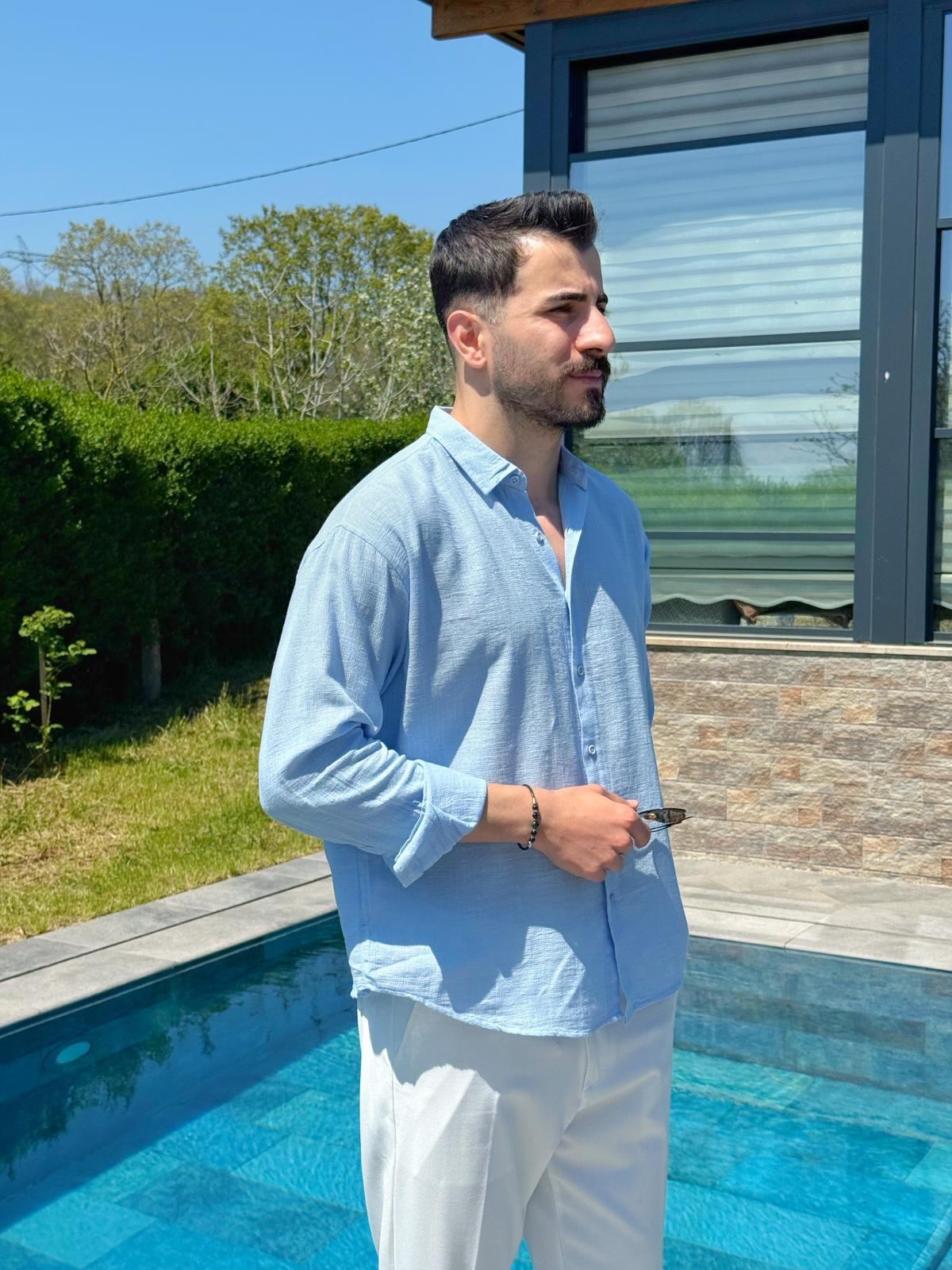 Mavi Ham Keten Yazlık Yarım Oversize Gömlek