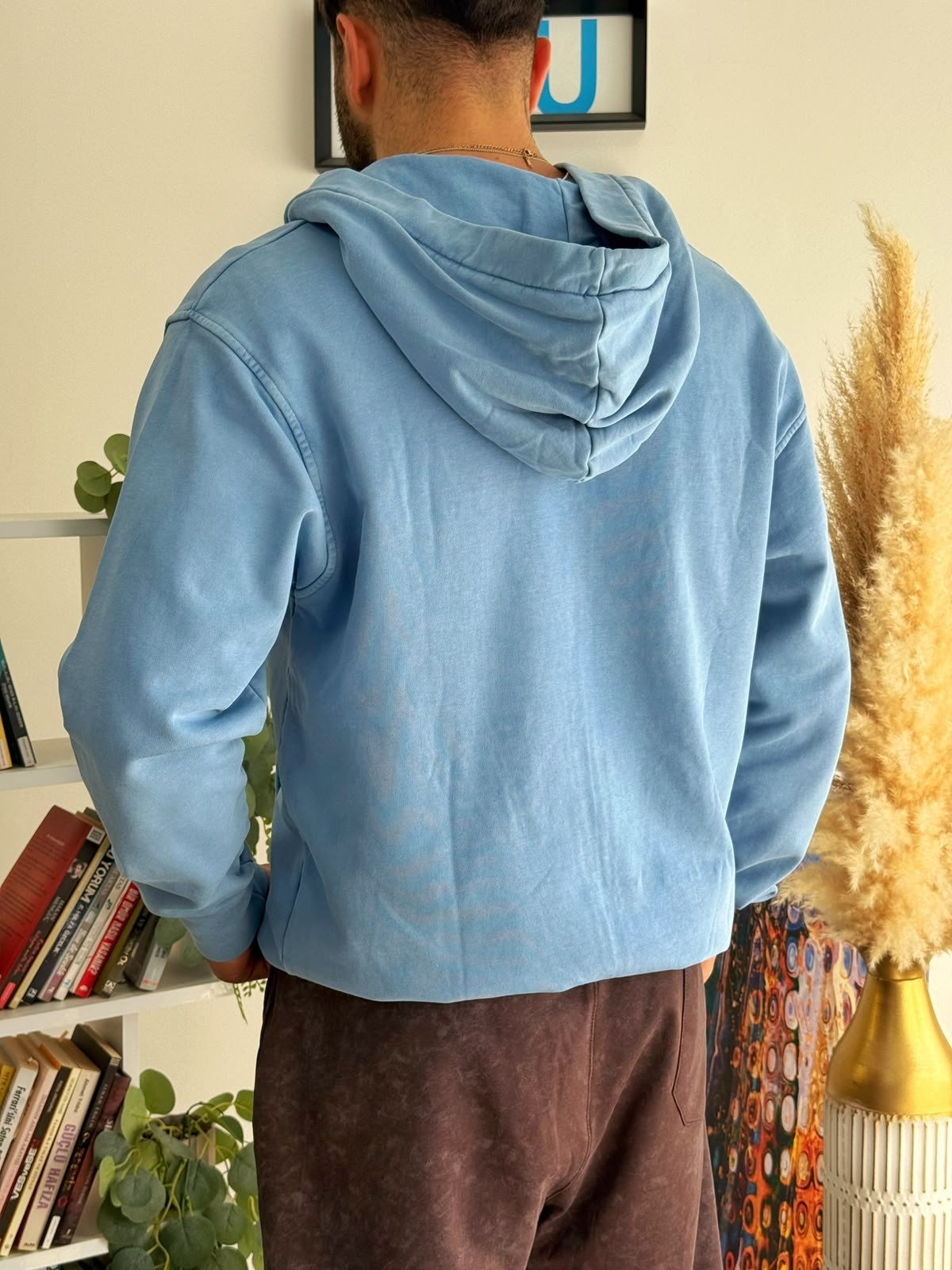 Mavi Oversize Pamuklu Yıkamalı Hırka