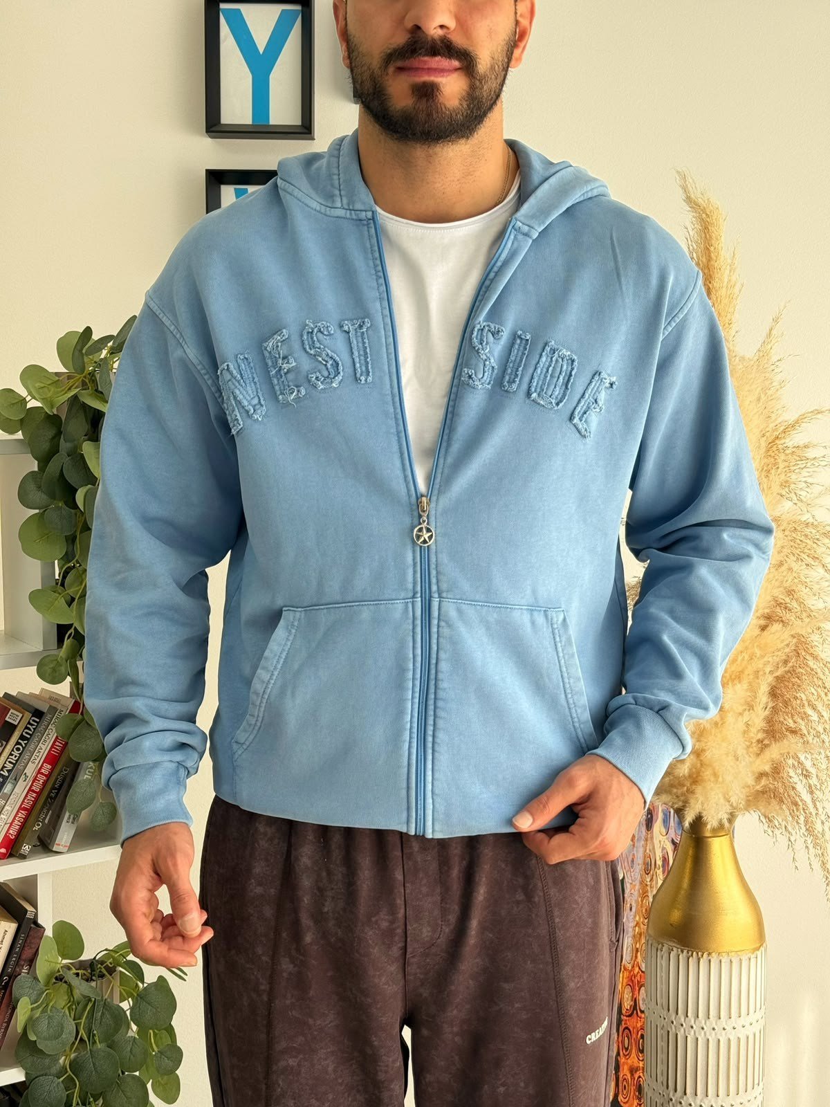 Mavi Oversize Pamuklu Yıkamalı Hırka
