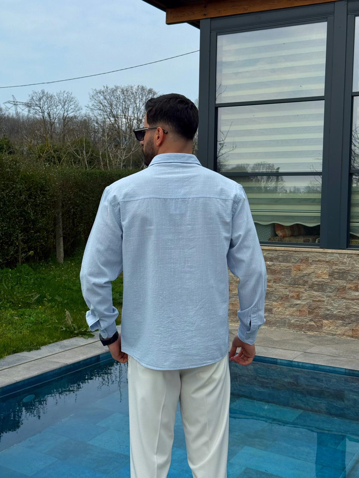 Mavi Yazlık Fresh Keten Kumaş Tam Kalıp Gömlek