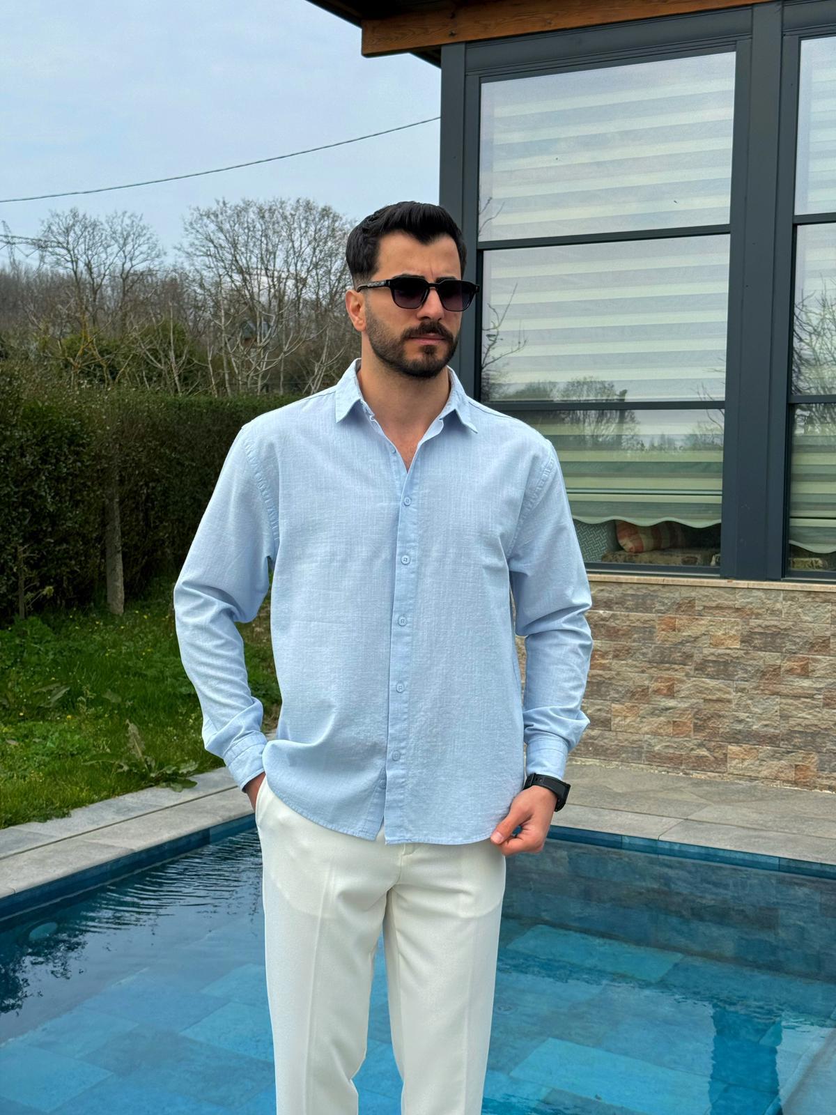 Mavi Yazlık Fresh Keten Kumaş Tam Kalıp Gömlek