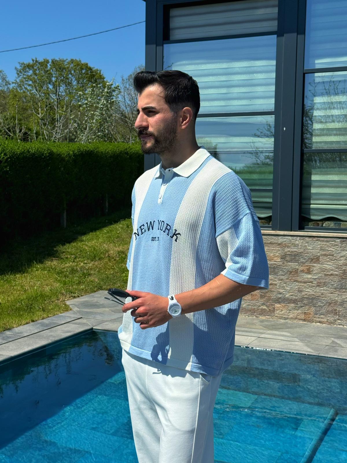 Mavi Yazlık New York Nakışlı Polo Yaka Triko