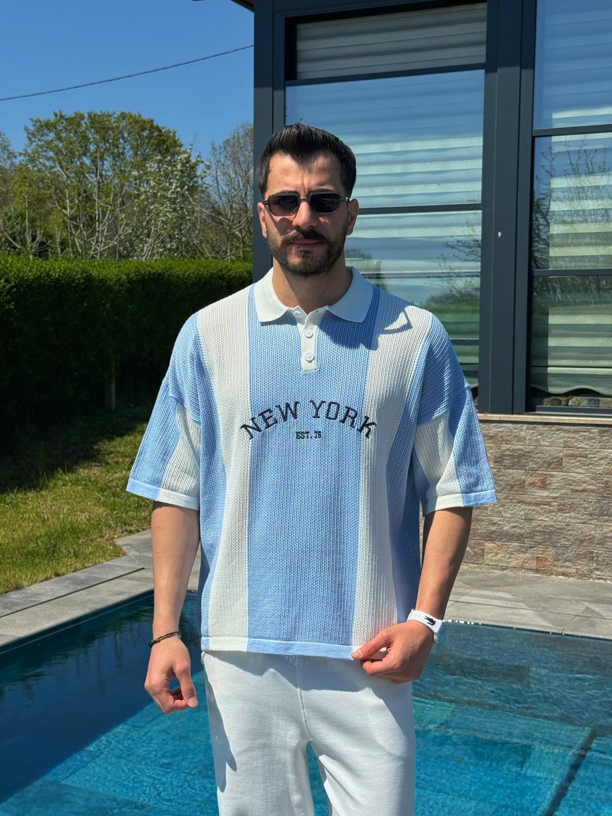 Mavi Yazlık New York Nakışlı Polo Yaka Triko