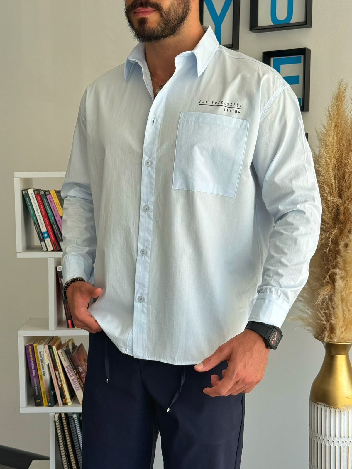 Mavi Yazlık Oversize Baskılı Cepli Gömlek