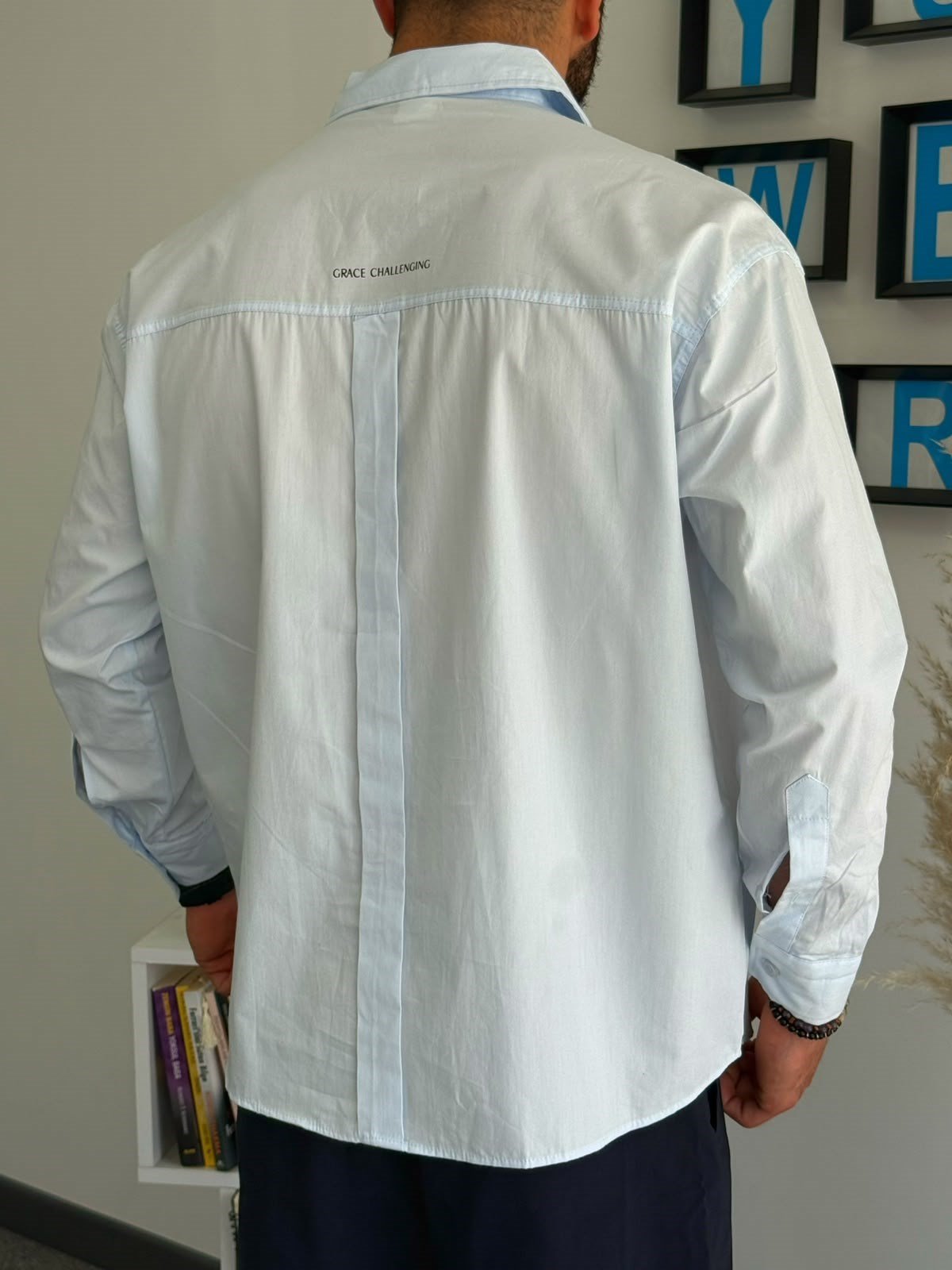 Mavi Yazlık Oversize Baskılı Cepli Gömlek