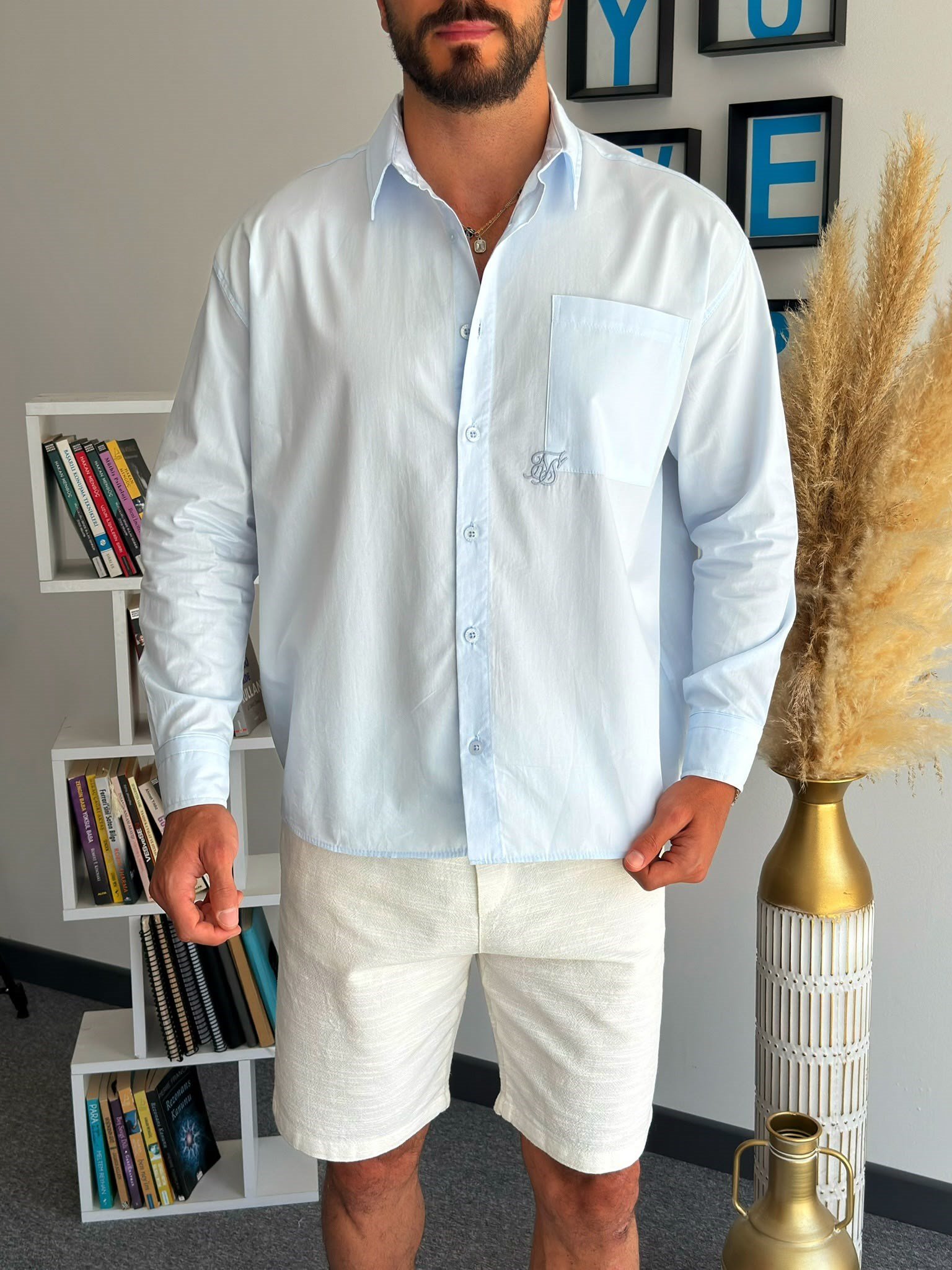 Mavi Yazlık Oversize Baskılı Gömlek