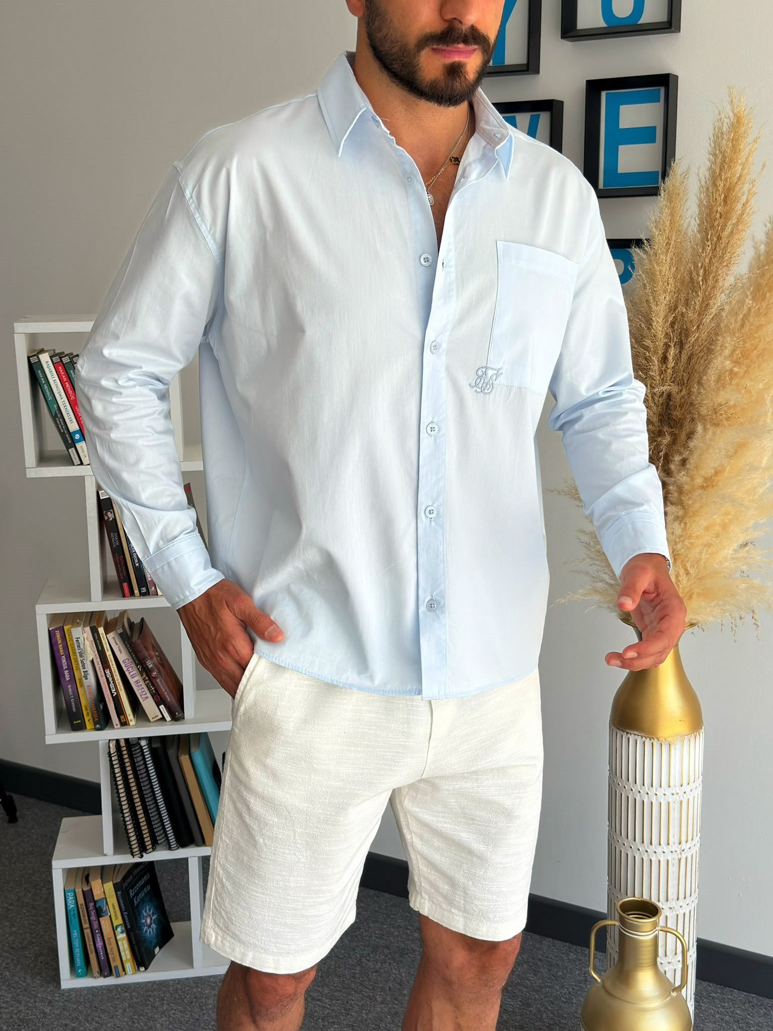 Mavi Yazlık Oversize Baskılı Gömlek