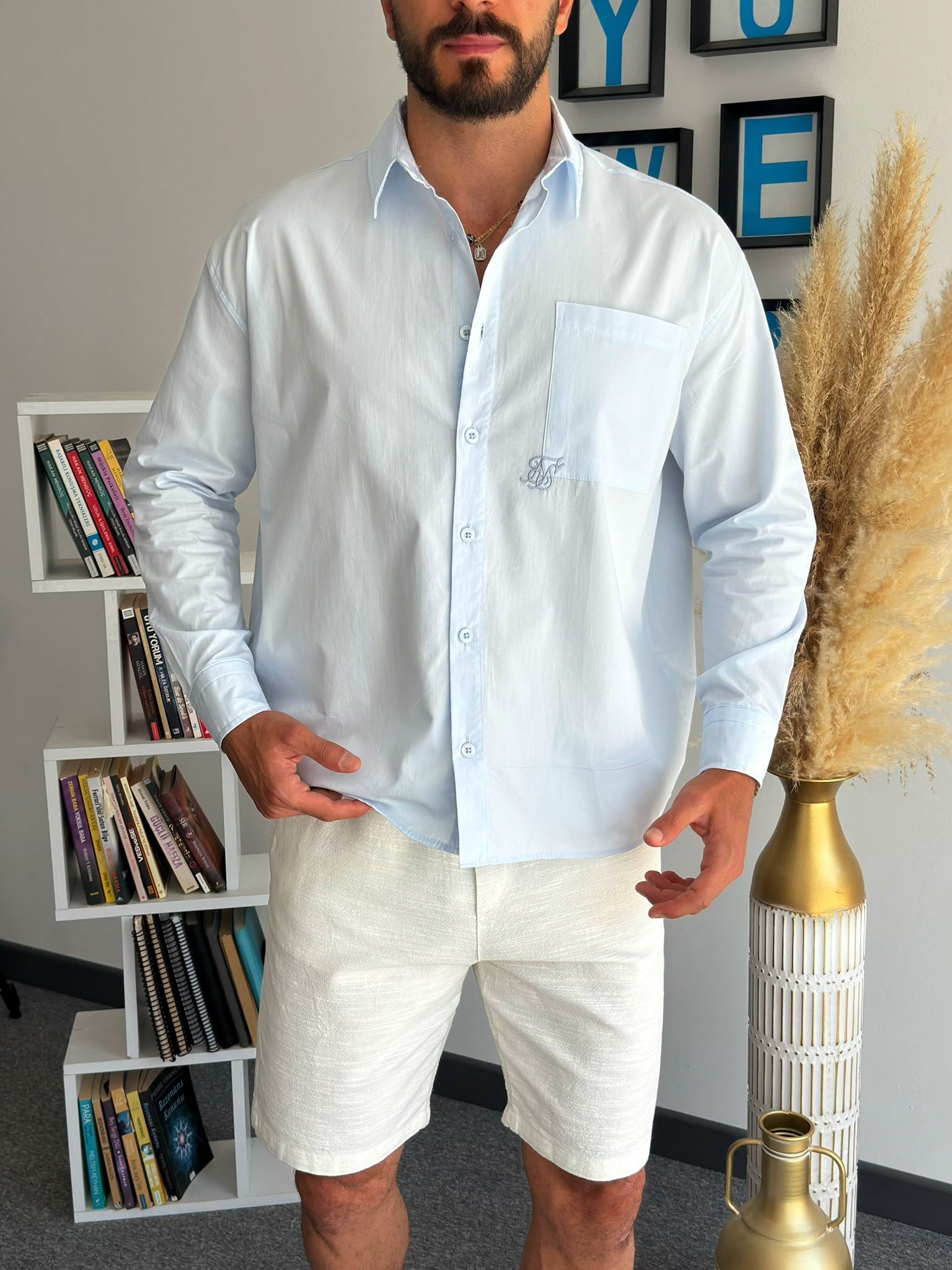 Mavi Yazlık Oversize Baskılı Gömlek