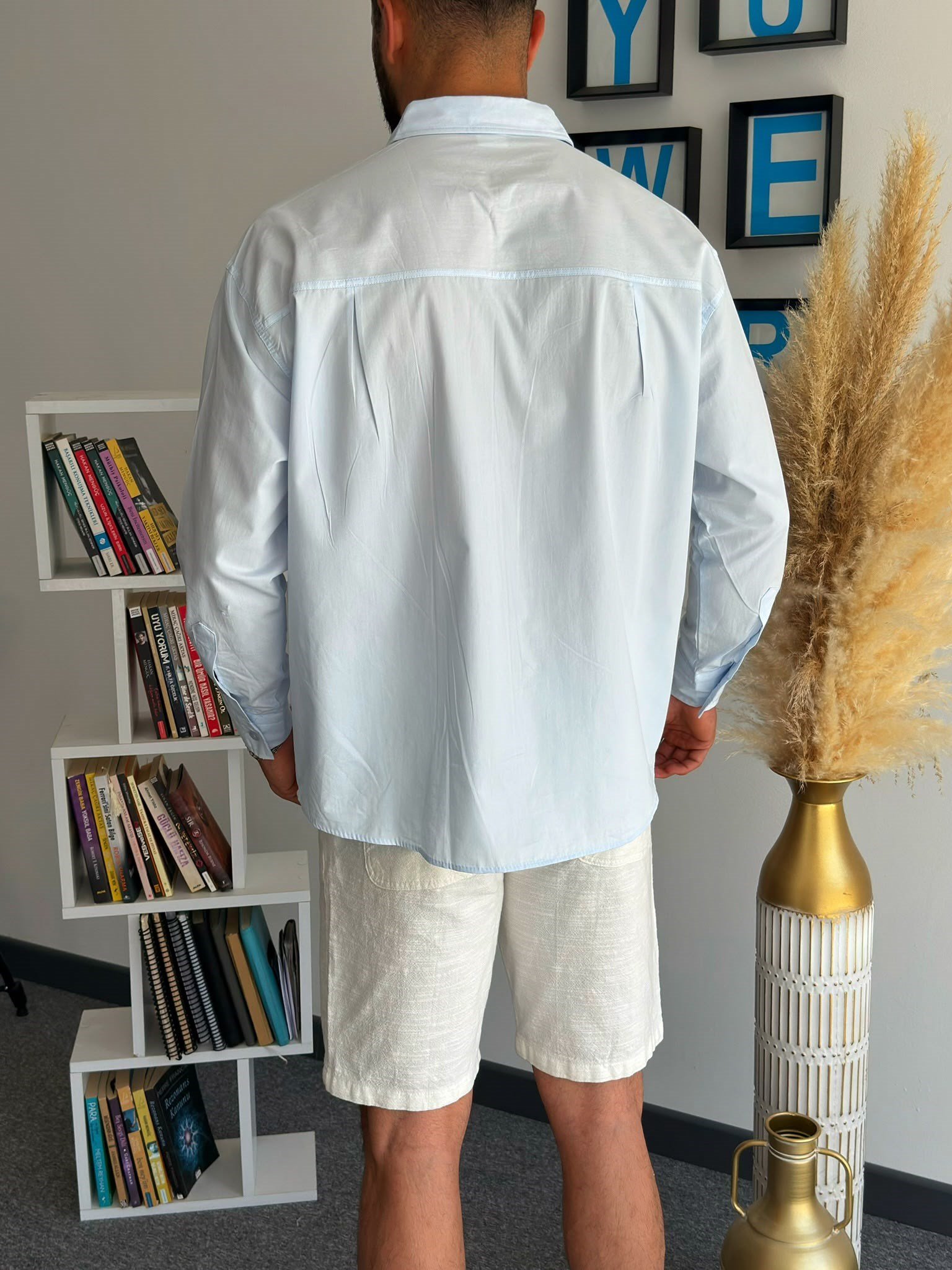 Mavi Yazlık Oversize Baskılı Gömlek