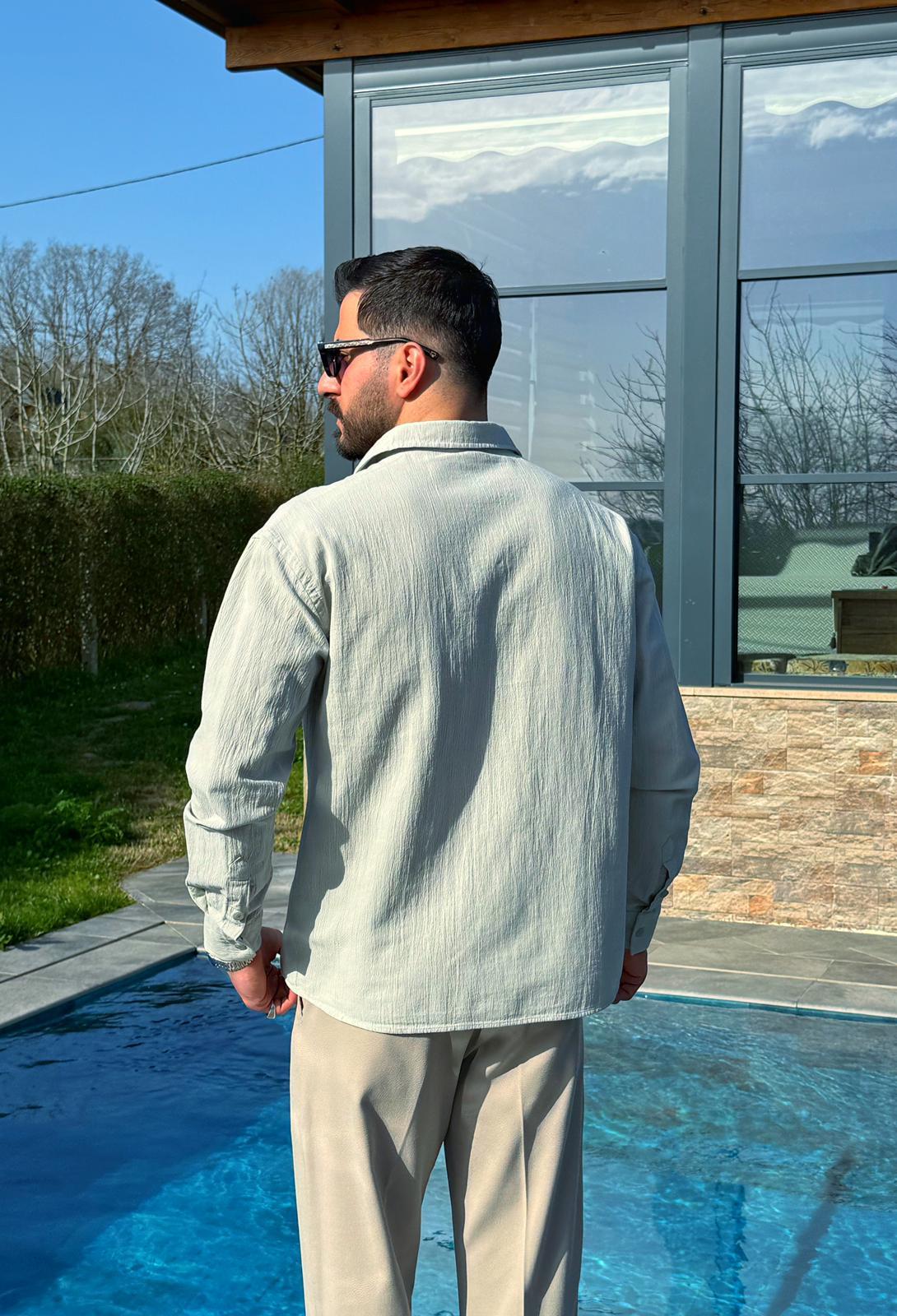 Mint Yeşili Premium Fit Krinkıl Keten Gömlek
