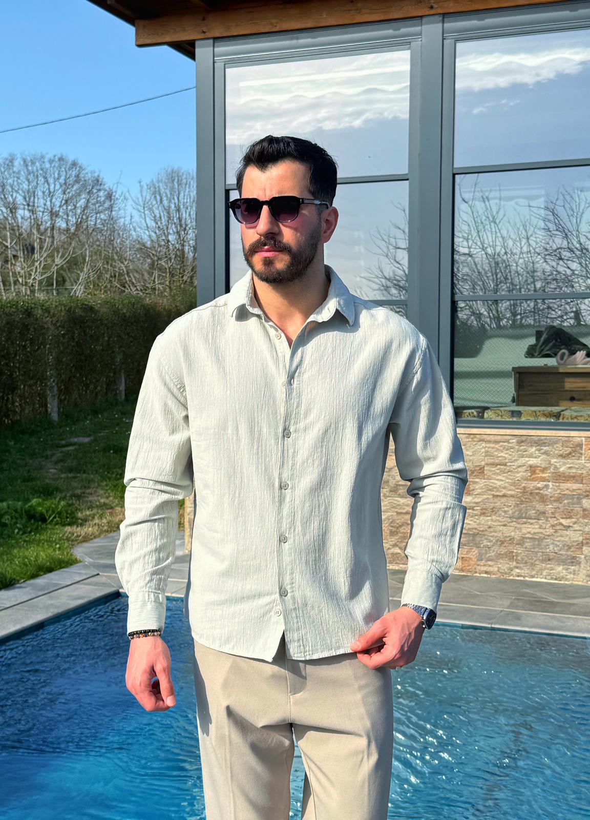 Mint Yeşili Premium Fit Krinkıl Keten Gömlek