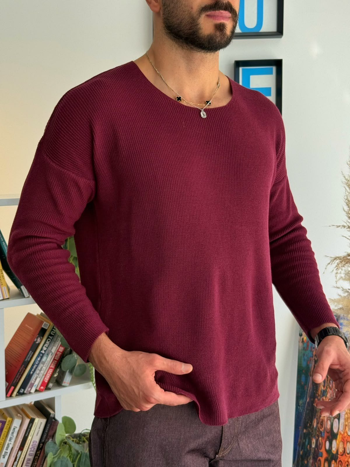Mürdüm Açık Yaka İnce Triko Sweat