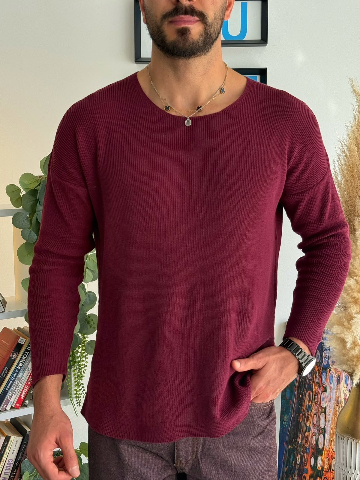 Mürdüm Açık Yaka İnce Triko Sweat