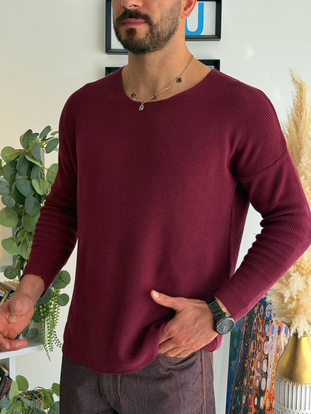 Mürdüm Açık Yaka İnce Triko Sweat