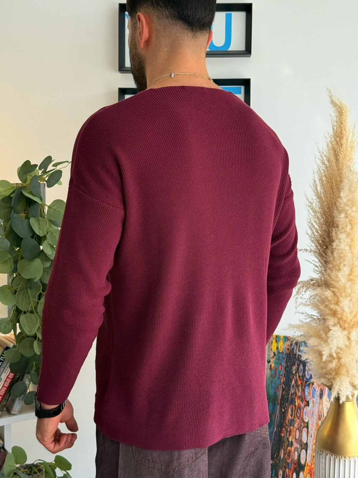 Mürdüm Açık Yaka İnce Triko Sweat