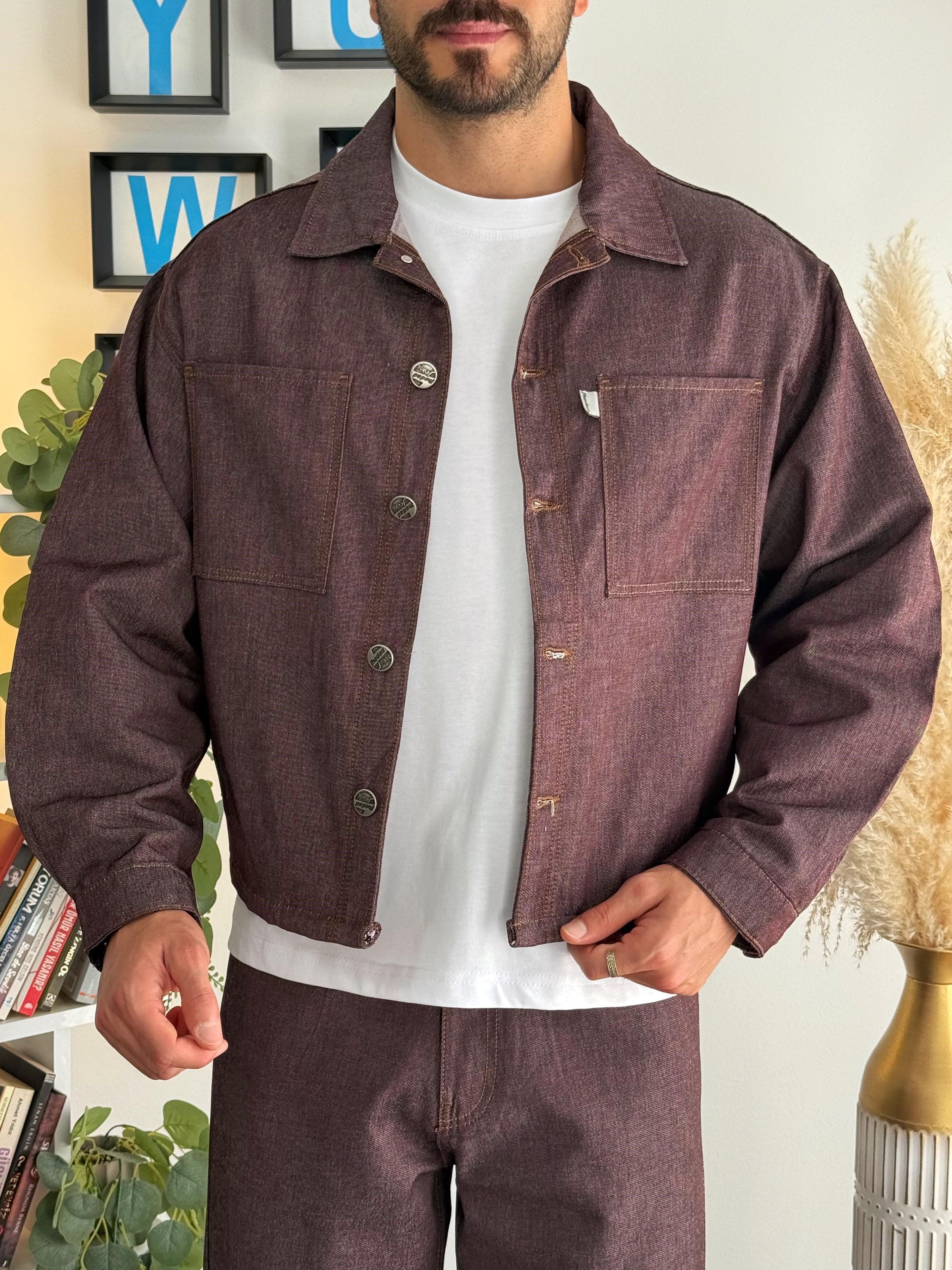 Mürdüm Crop Kesim Denim Takım (Crop Denim Ceket-Baggy Denim Pantolon)