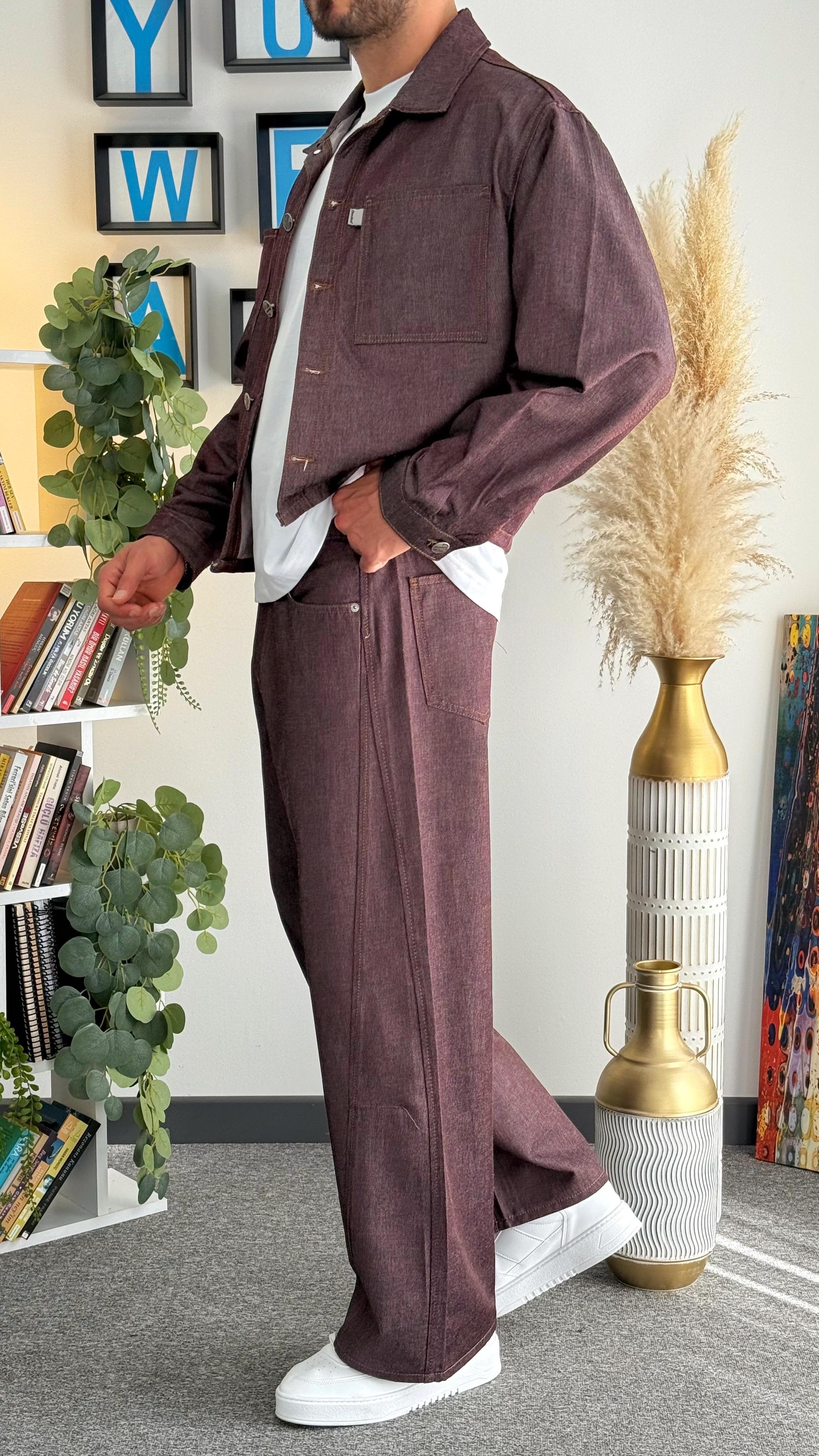 Mürdüm Crop Kesim Denim Takım (Crop Denim Ceket-Baggy Denim Pantolon)