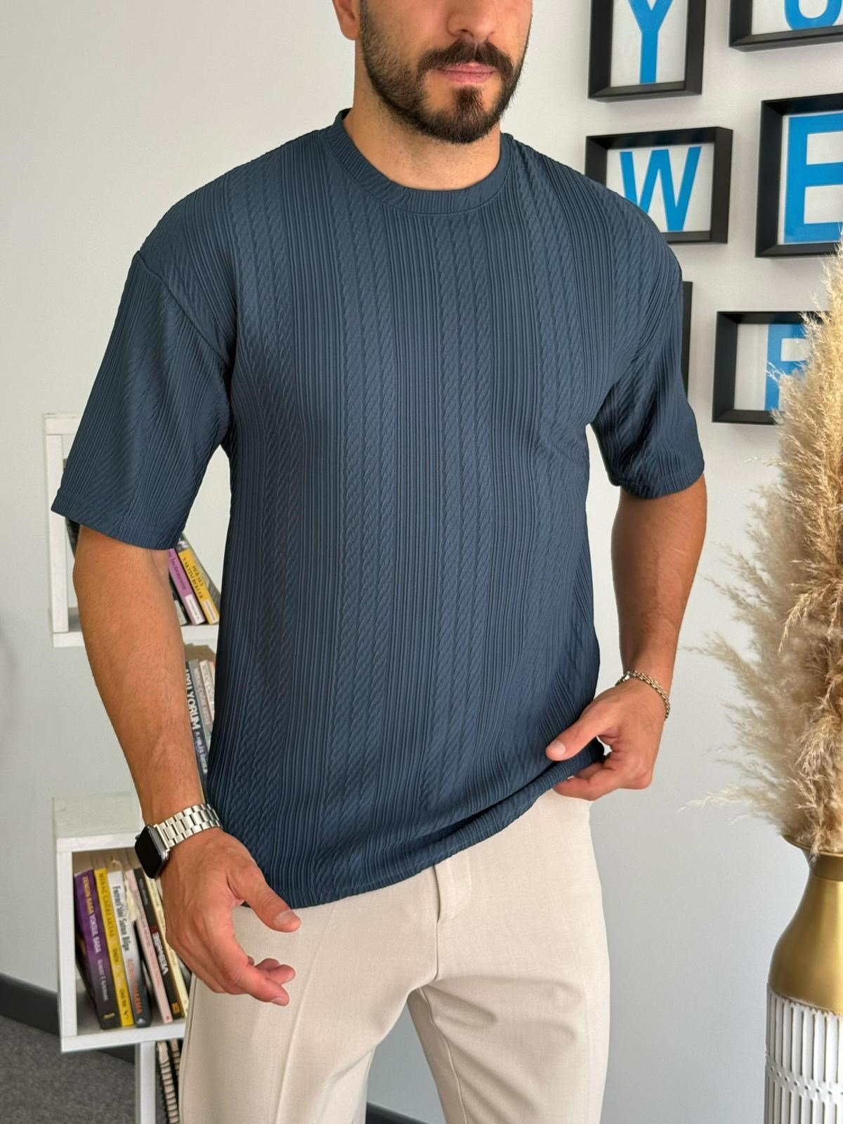 Petrol Mavi Kalın Çizgili Yarım Oversize T-Shirt
