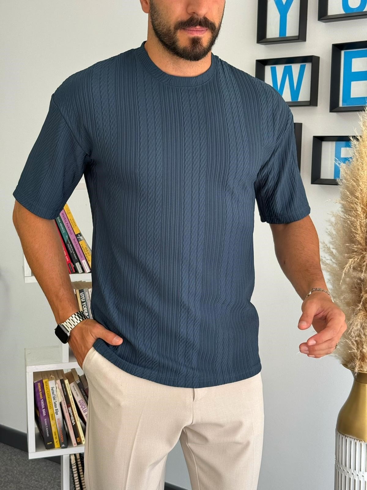 Petrol Mavi Kalın Çizgili Yarım Oversize T-Shirt