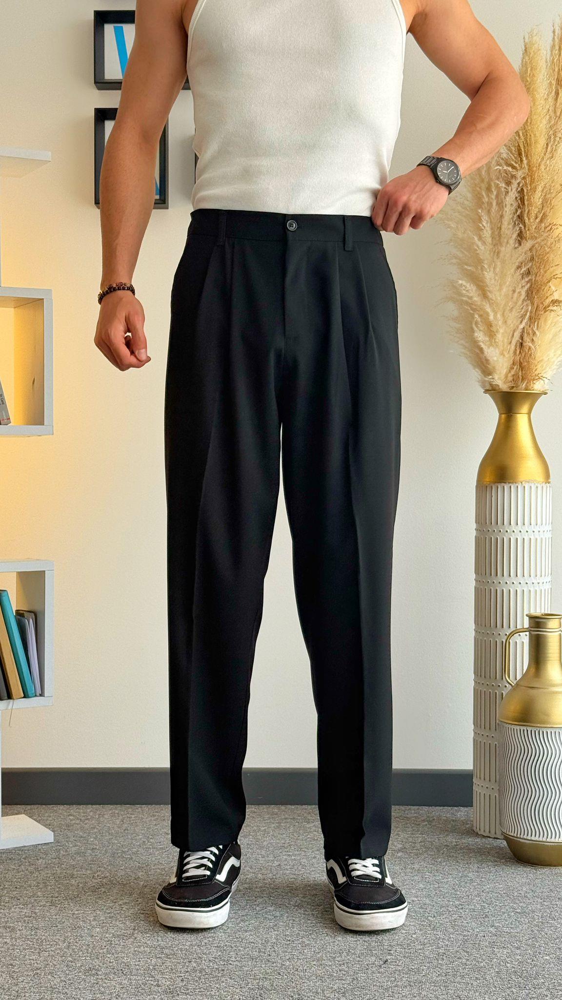 Pileli Baggy Kumaş Pantolon Siyah