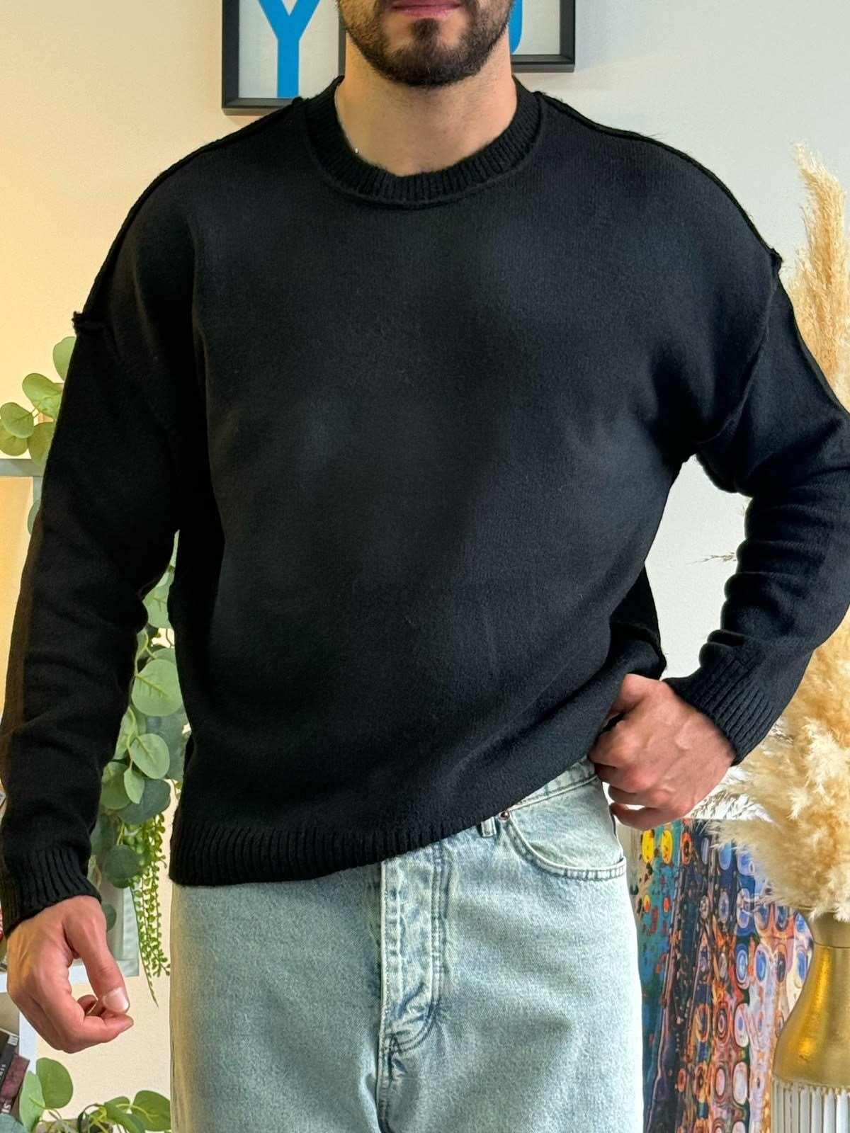 Siyah Bulut Desenli Gramajlı Oversize Kazak