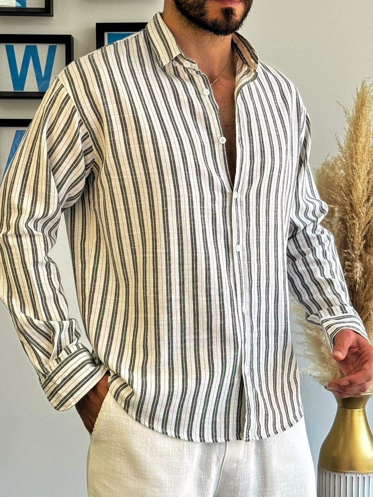 Siyah Çizgili Keten Gömlek Yarım Oversize Kalıp