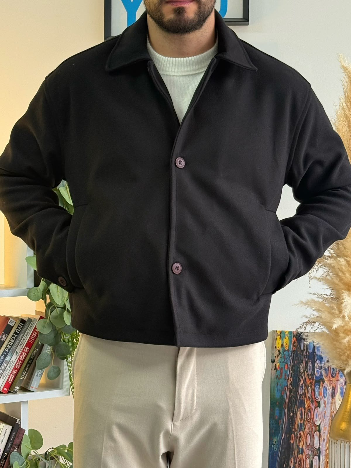 Siyah Crop Kesim Kaşe Ceket