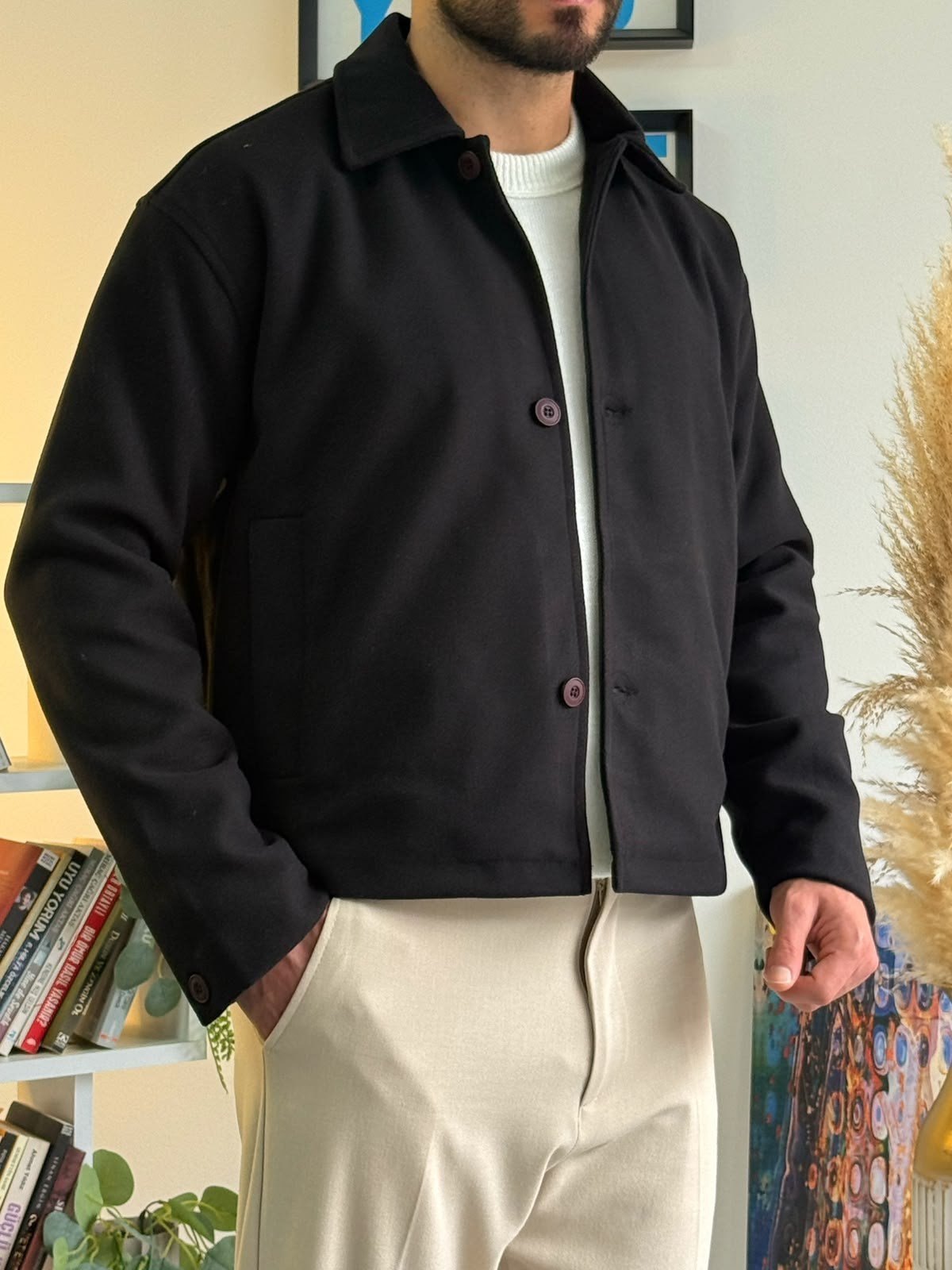 Siyah Crop Kesim Kaşe Ceket