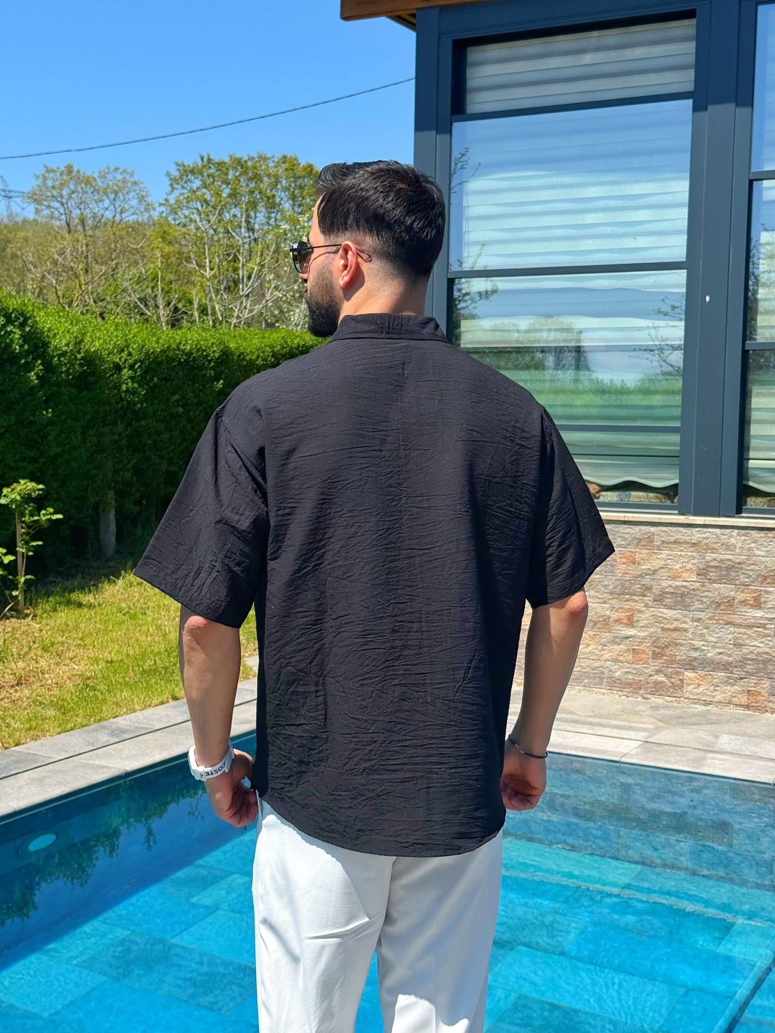 Siyah Flam Kumaş Yazlık Oversize Kısa Kol Gömlek