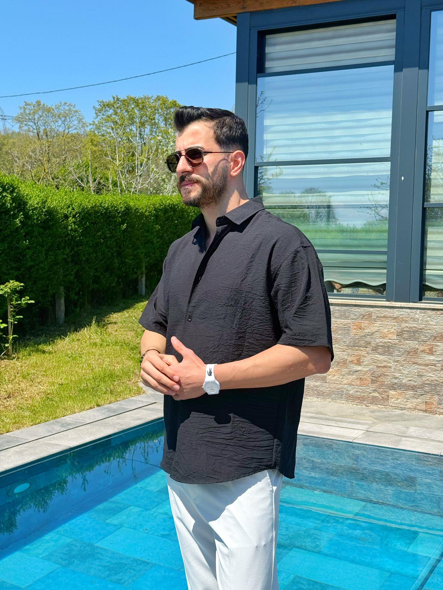 Siyah Flam Kumaş Yazlık Oversize Kısa Kol Gömlek