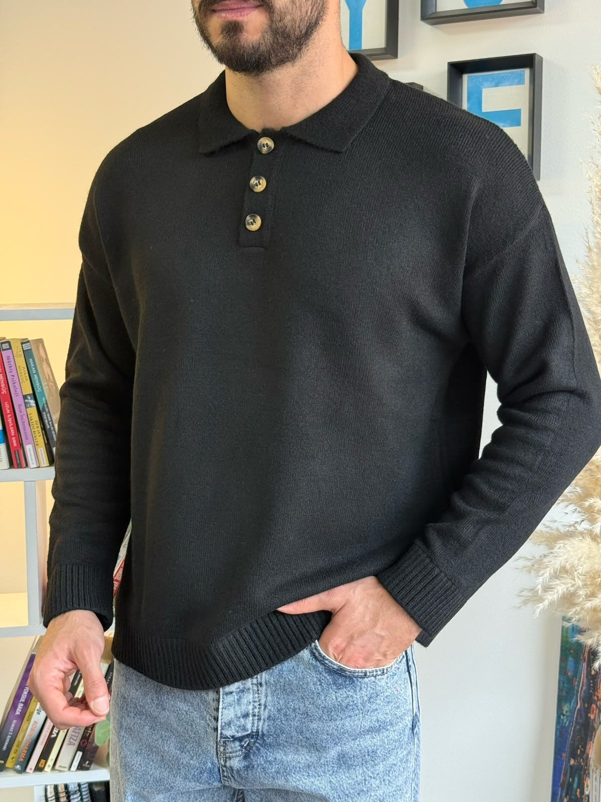 Siyah Gramajlı Oversize Polo Kazak