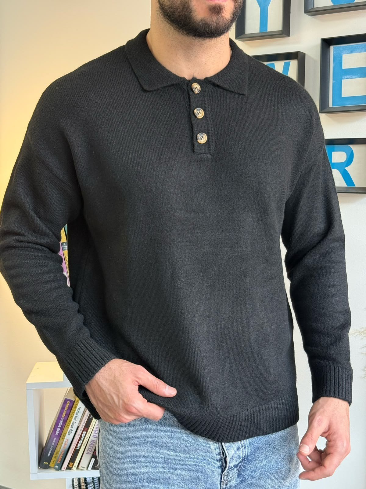 Siyah Gramajlı Oversize Polo Kazak