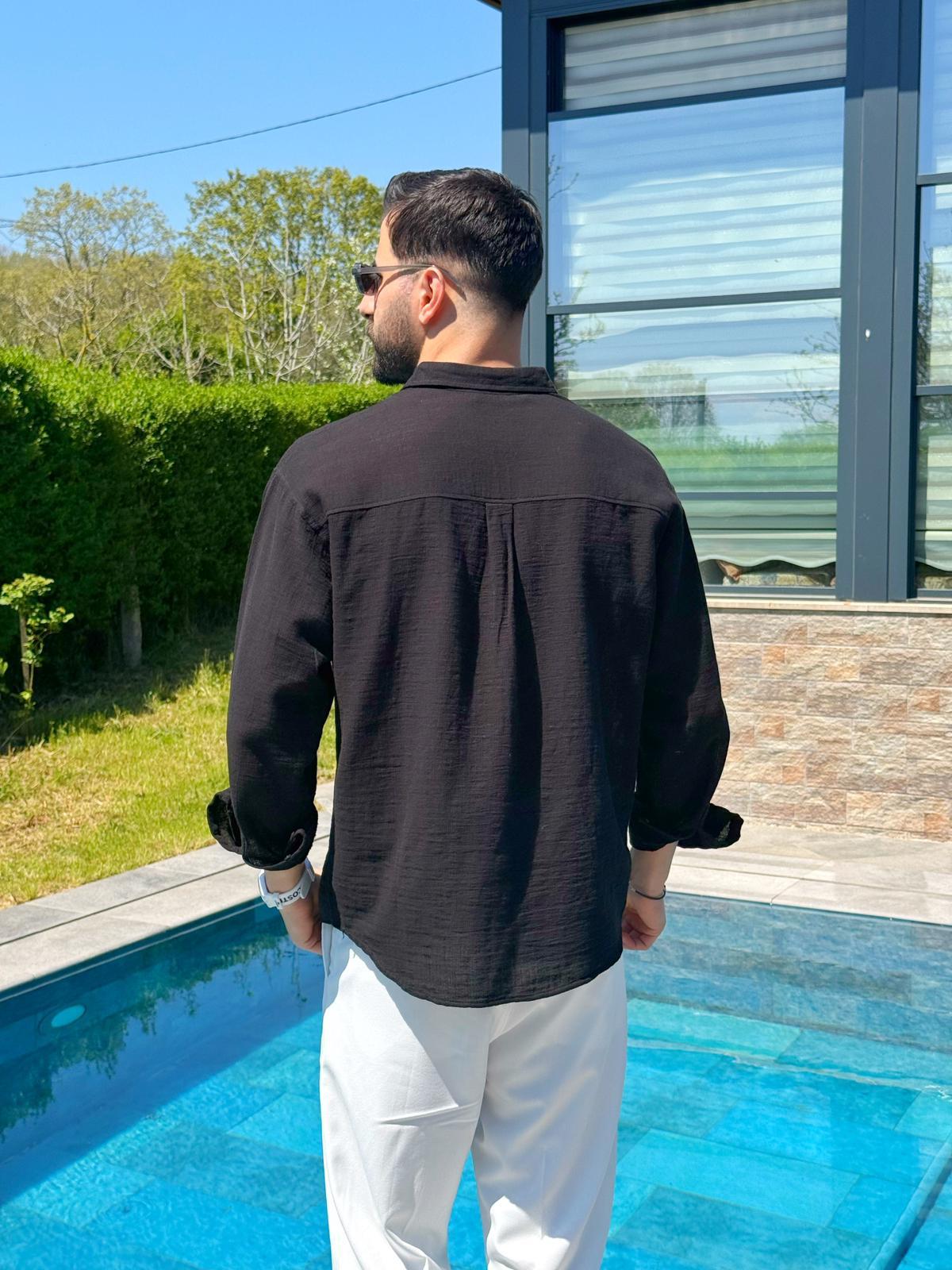 Siyah Ham Keten Yazlık Yarım Oversize Gömlek