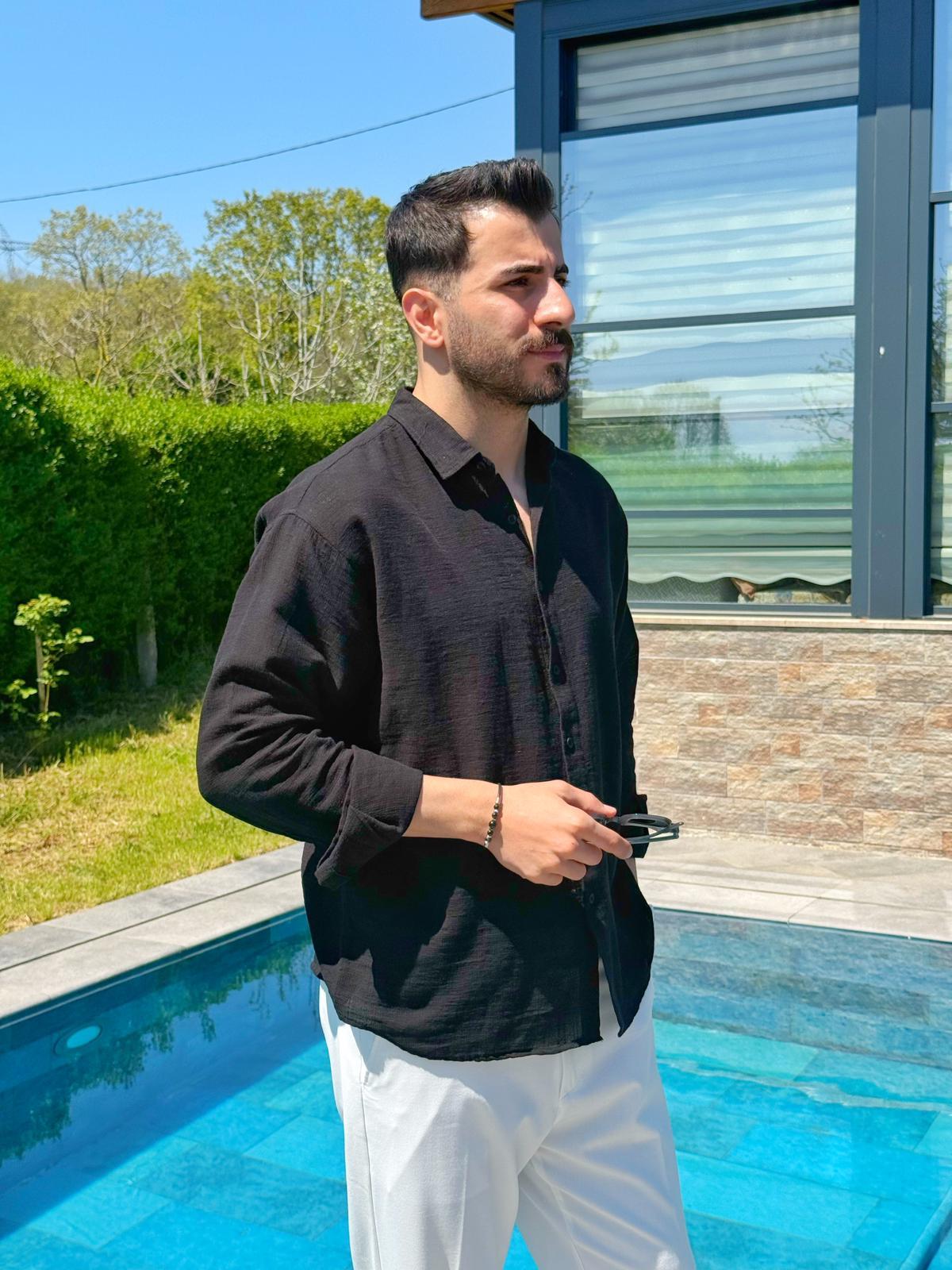 Siyah Ham Keten Yazlık Yarım Oversize Gömlek