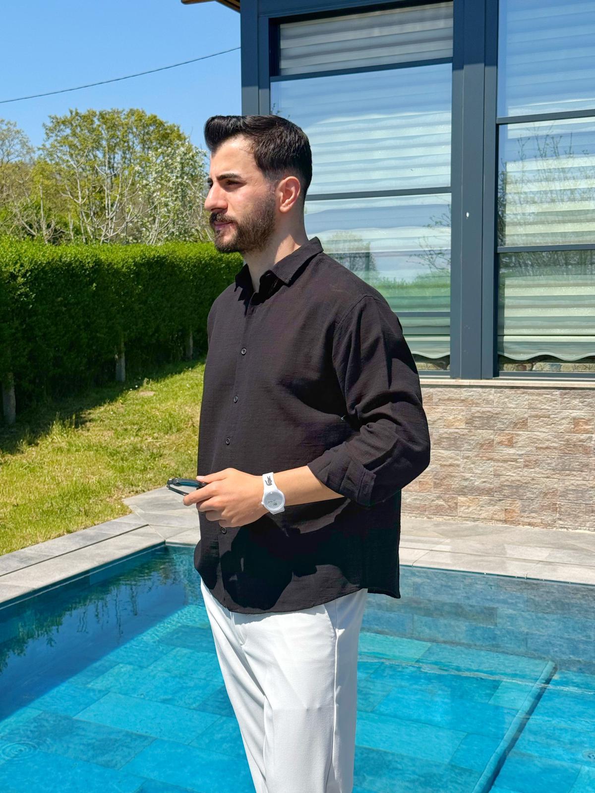 Siyah Ham Keten Yazlık Yarım Oversize Gömlek
