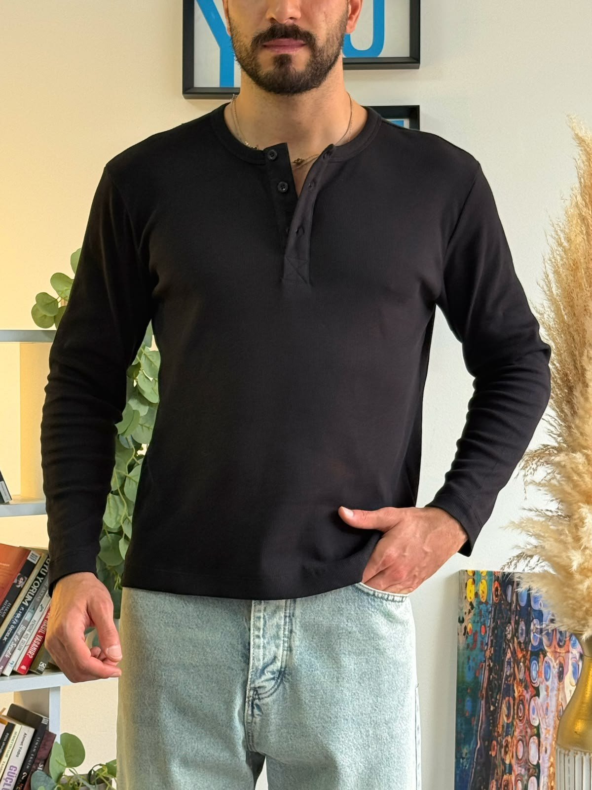 Siyah Henley Yaka Uzun Kollu Sweat