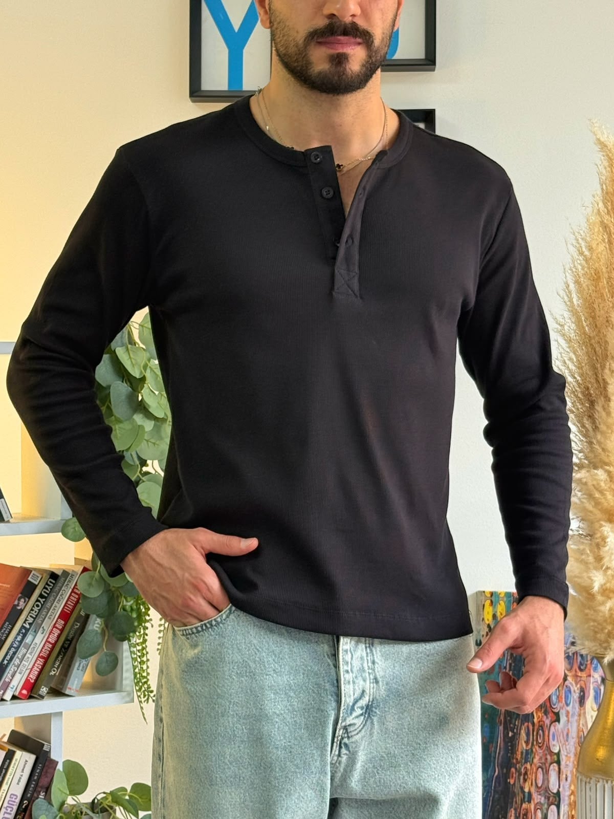 Siyah Henley Yaka Uzun Kollu Sweat