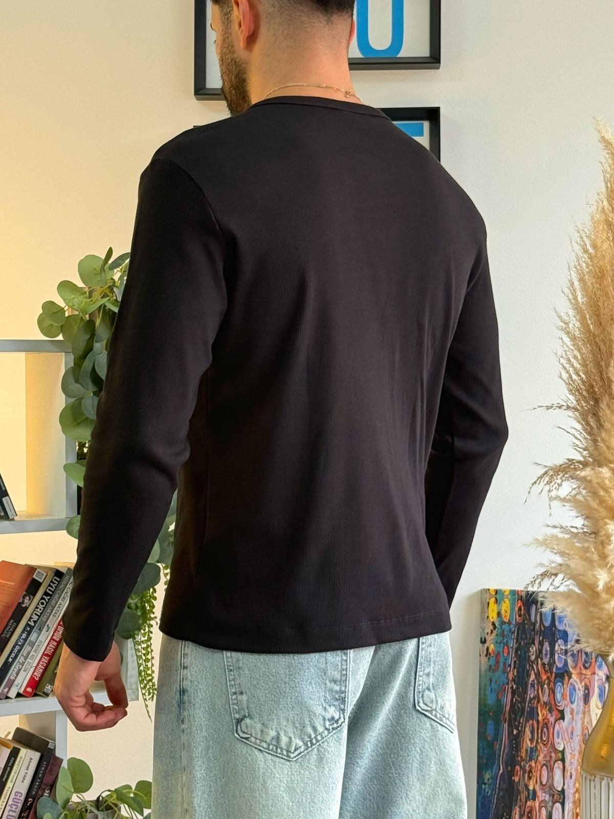 Siyah Henley Yaka Uzun Kollu Sweat