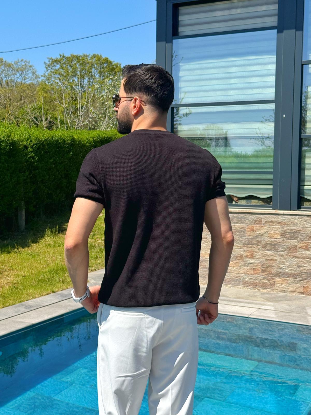 Siyah İnce Dokulu Yazlık Tam Kalıp Pamuklu Triko T-Shirt