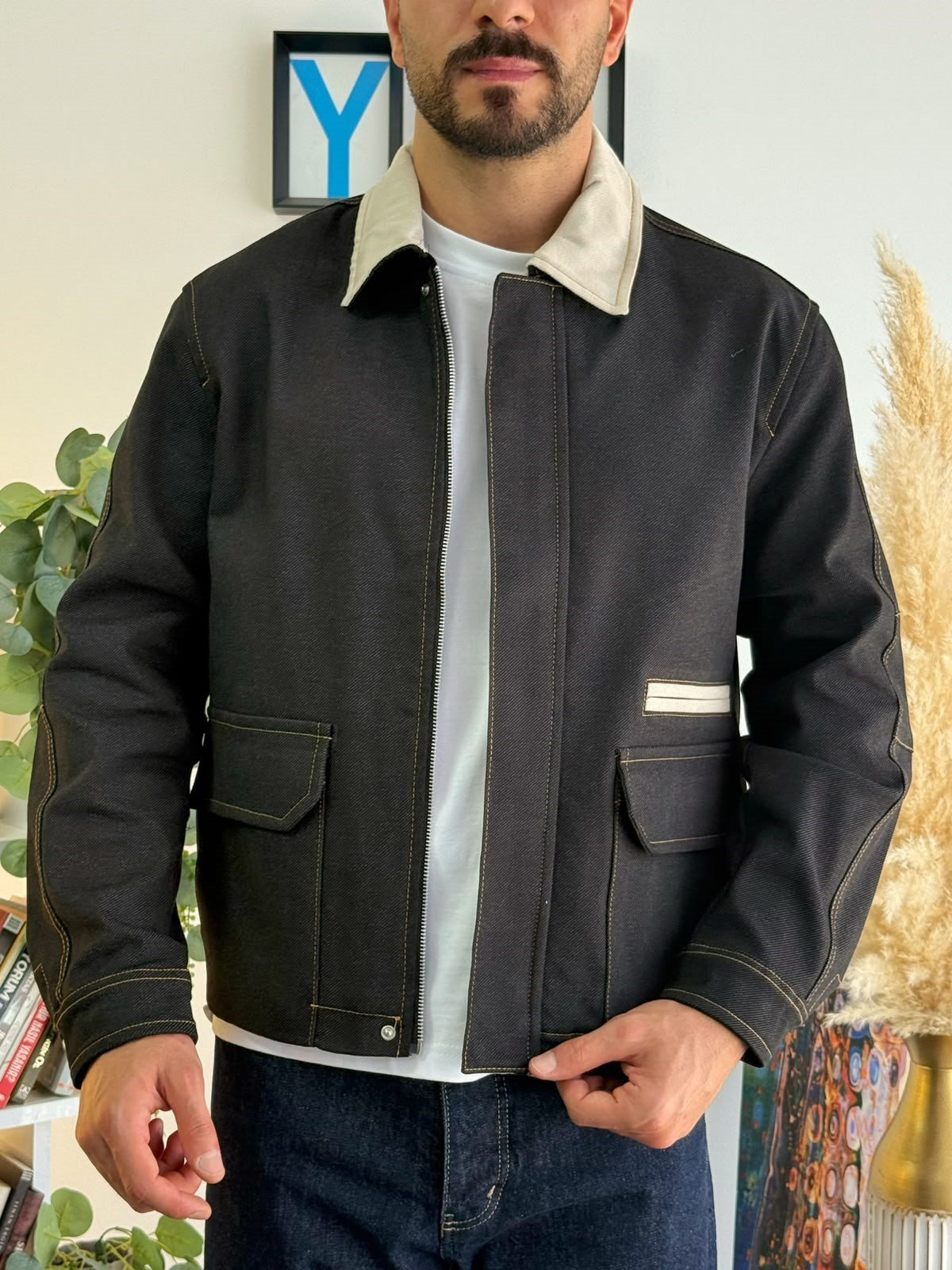 Siyah Kontrast Yaka Detaylı Denim Ceket