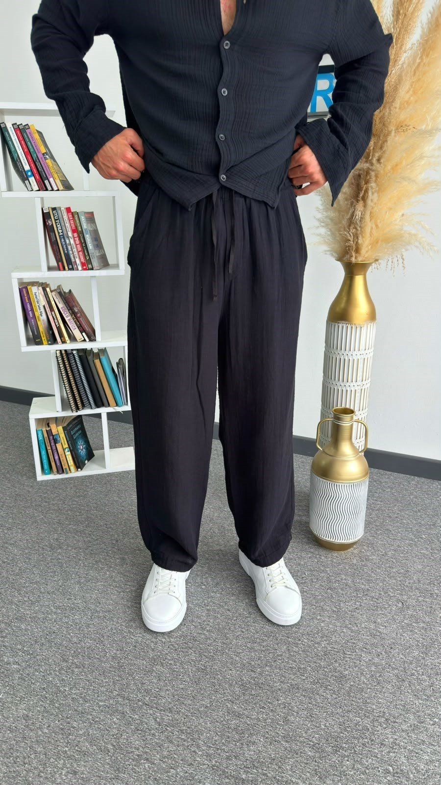 Siyah Müslin Keten Baggy Pantolon
