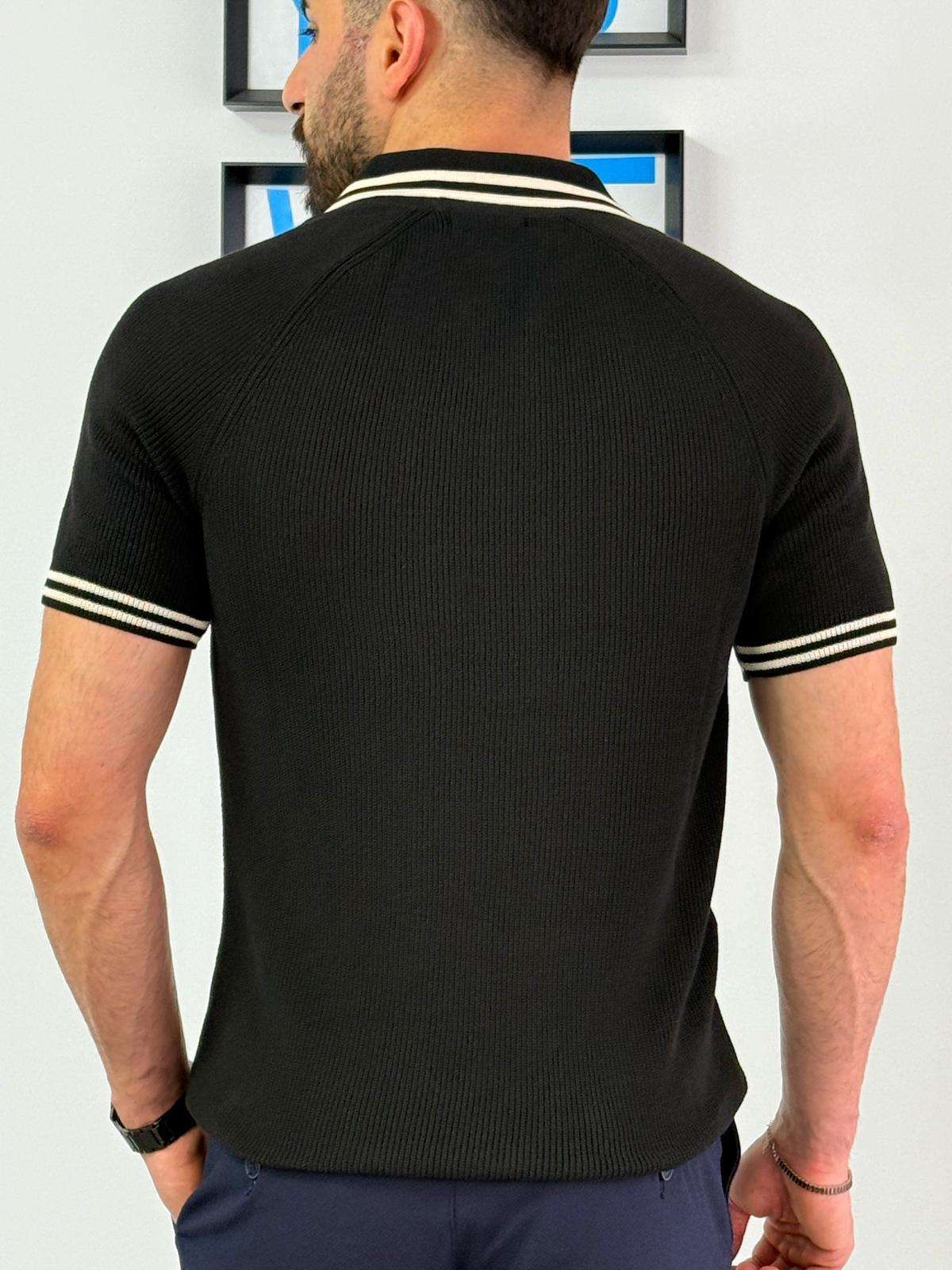 Siyah Nakış Armalı Triko Fermuarlı Polo T-Shirt