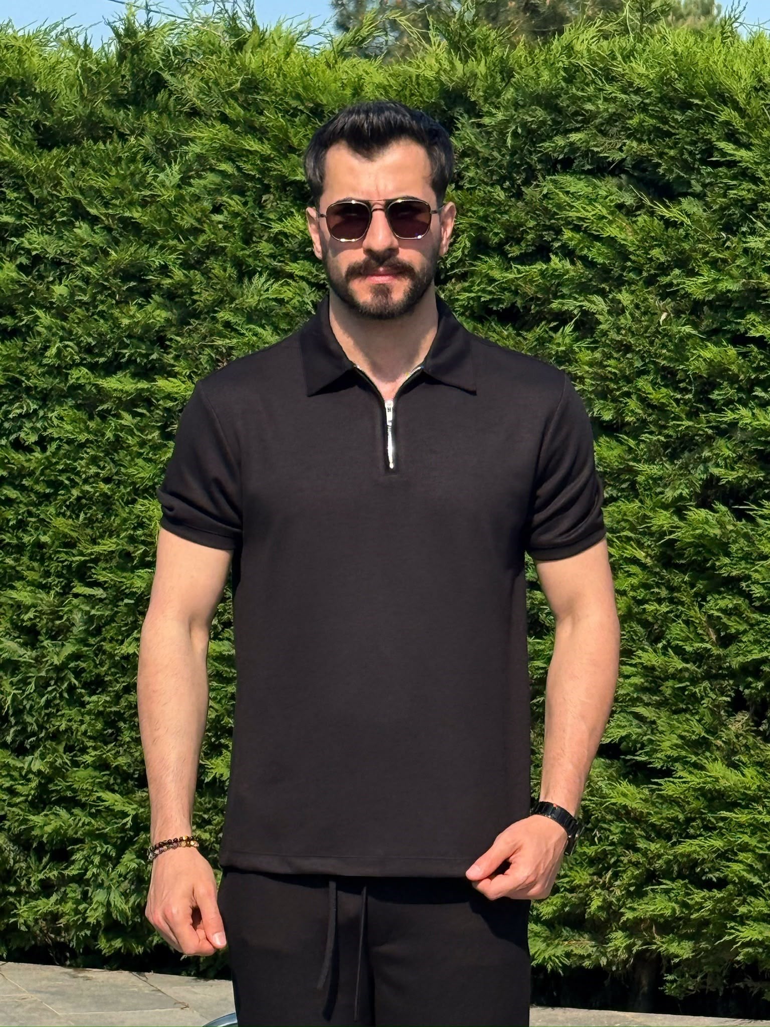 Siyah Osyh Kumaş Yarım Fermuarlı T-Shirt