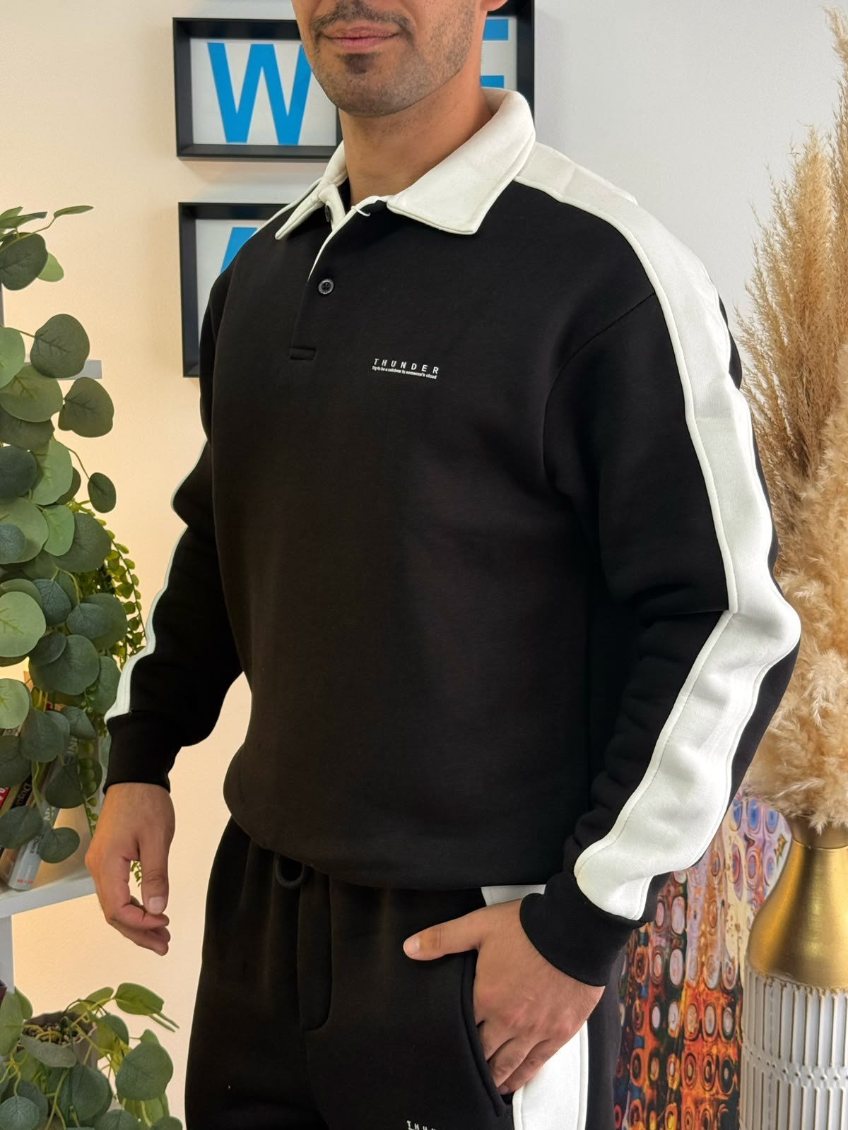 Siyah Oversize Polo Yaka Kontrast Şeritli Şardonlu Eşofman Takımı