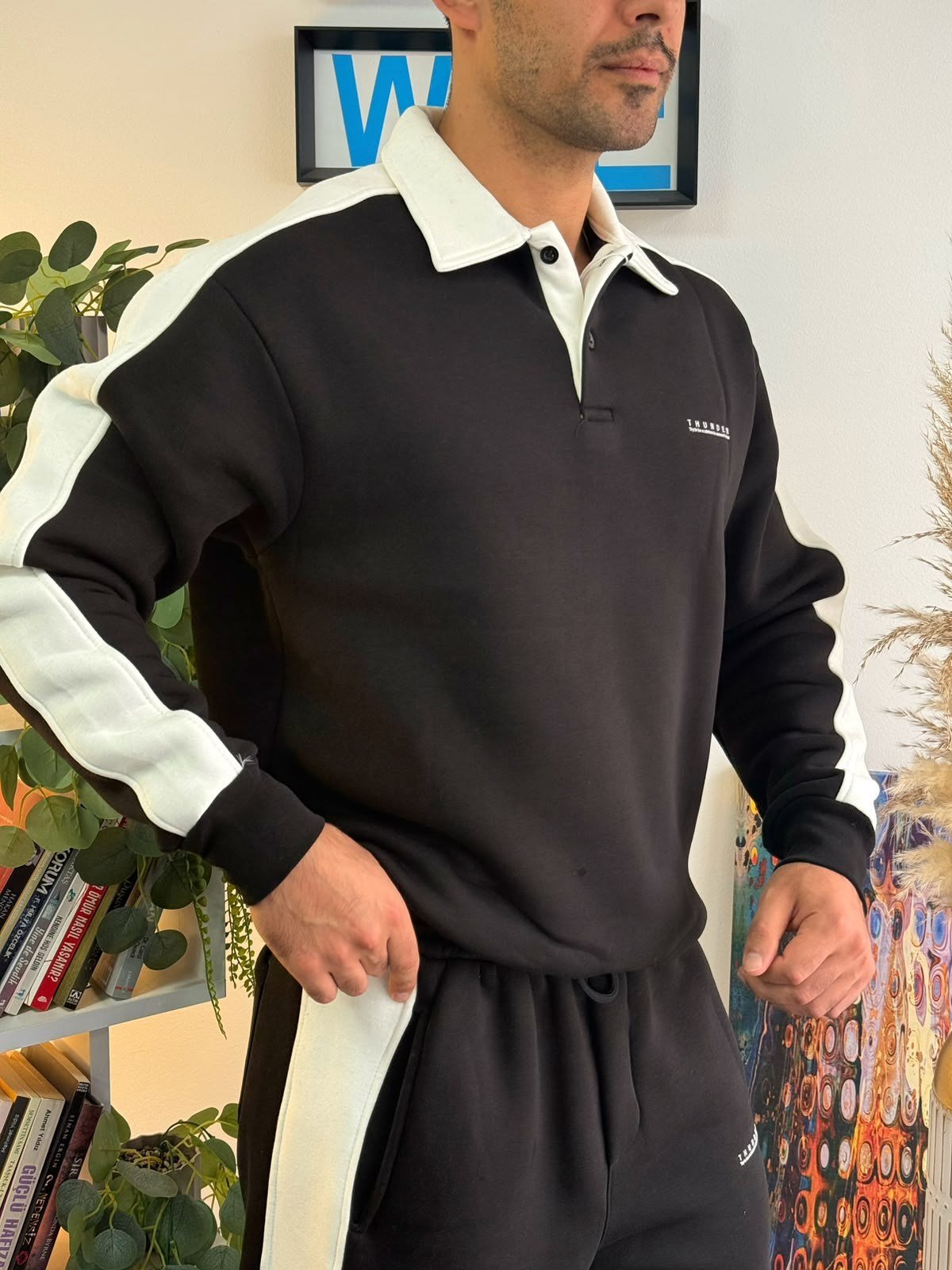 Siyah Oversize Polo Yaka Kontrast Şeritli Şardonlu Eşofman Takımı