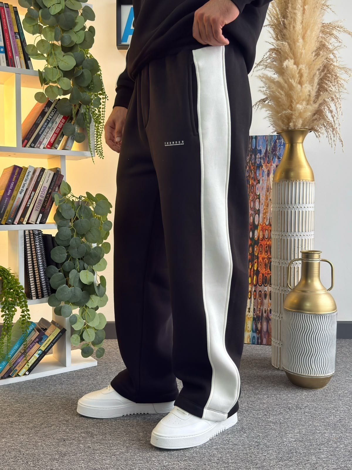 Siyah Oversize Polo Yaka Kontrast Şeritli Şardonlu Eşofman Takımı