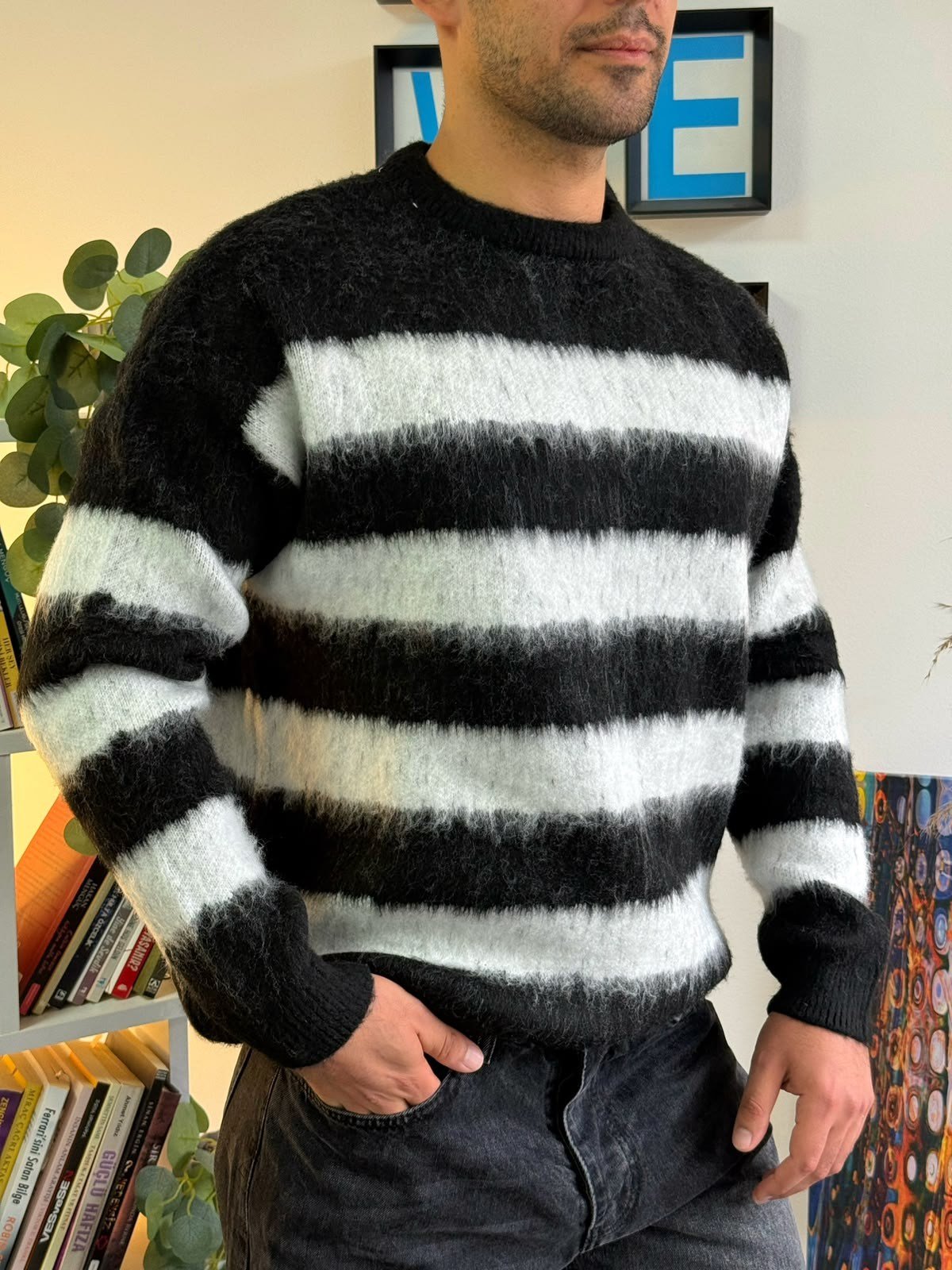Siyah Premium Dokulu Oversize Çizgili Triko Kazak